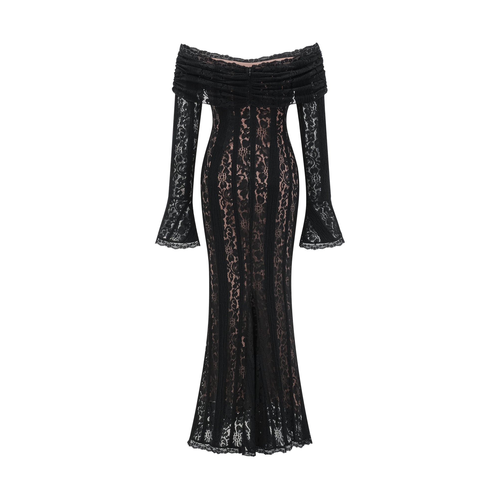 Émeline Floral Lace Flared-Cuff Midi Dress in Black
