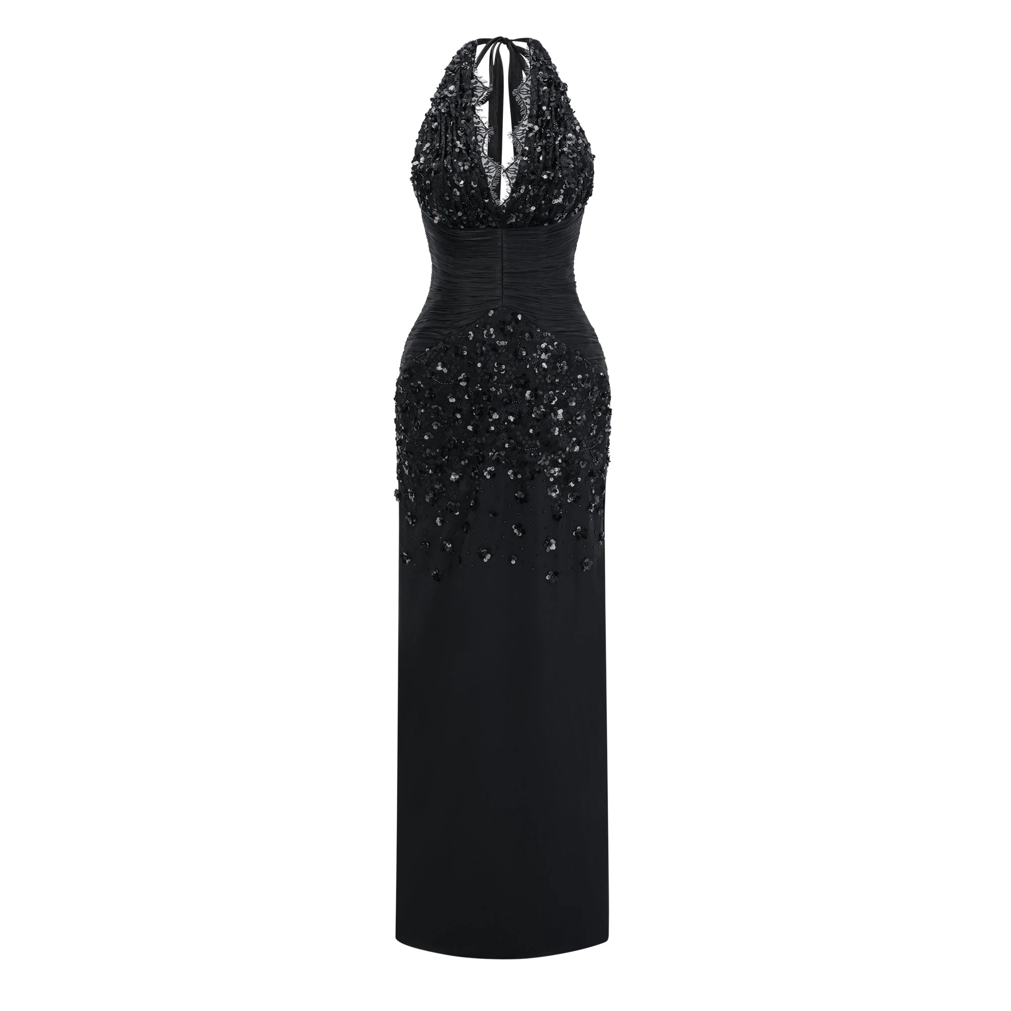 Black halter gown with sequin-embellished lace bodice and hips