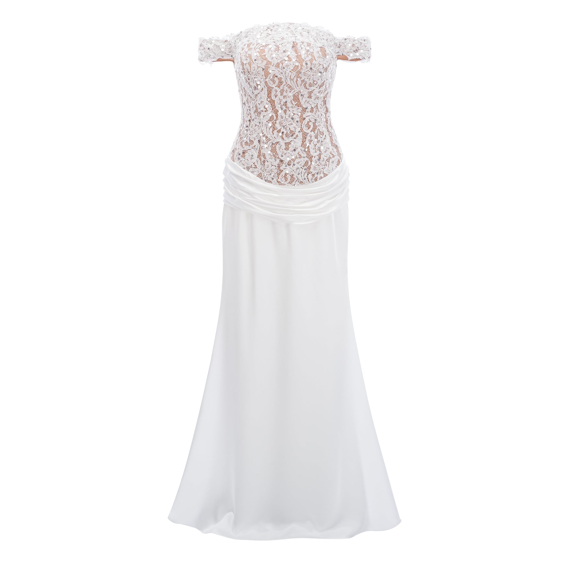 Grace White Satin Maxi Dress with Lace Panels