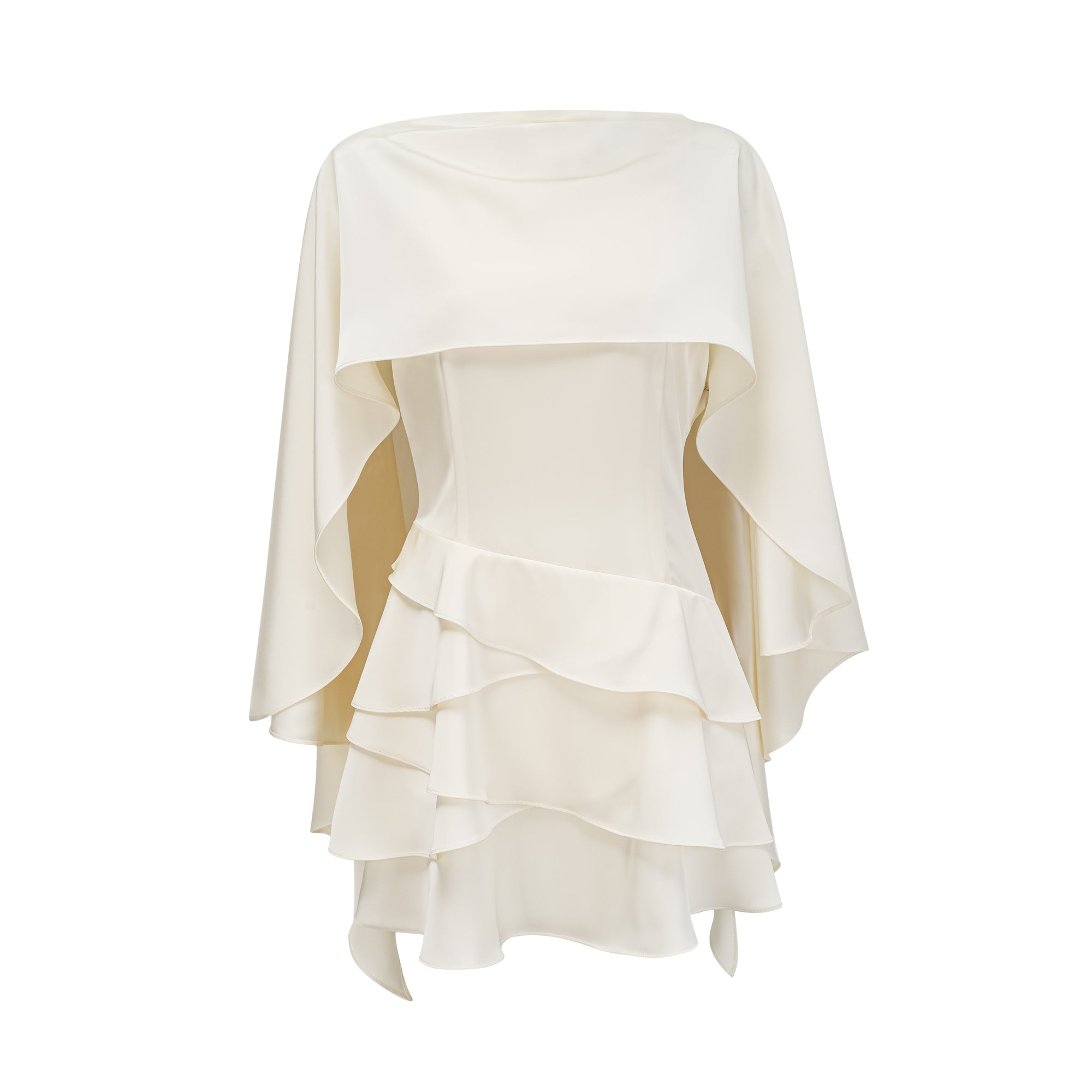 Lyna White Satin Ruffled Mini Dress with Shawl Panel Detail – Miss