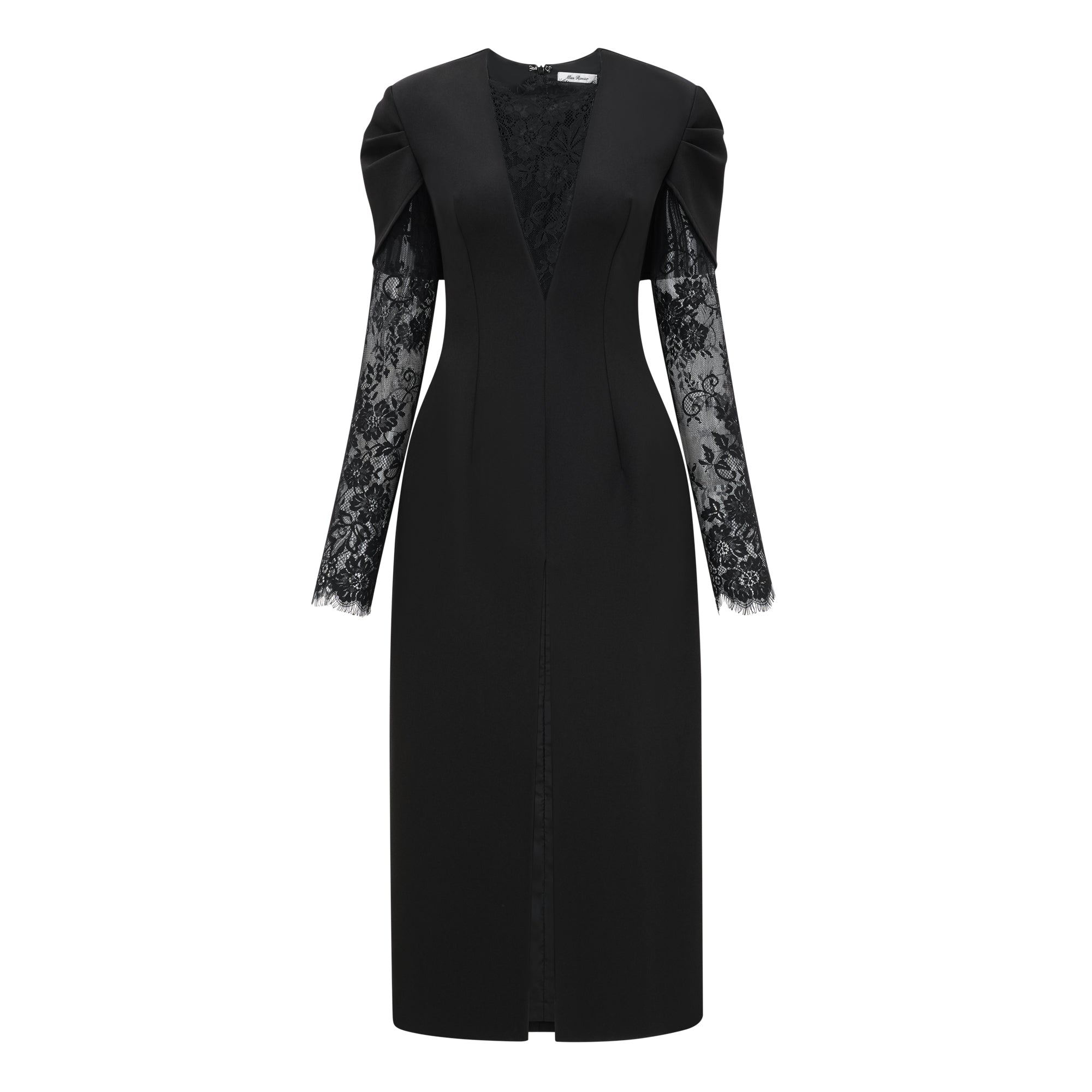 Black High Slit Lace Panel Midi Dress