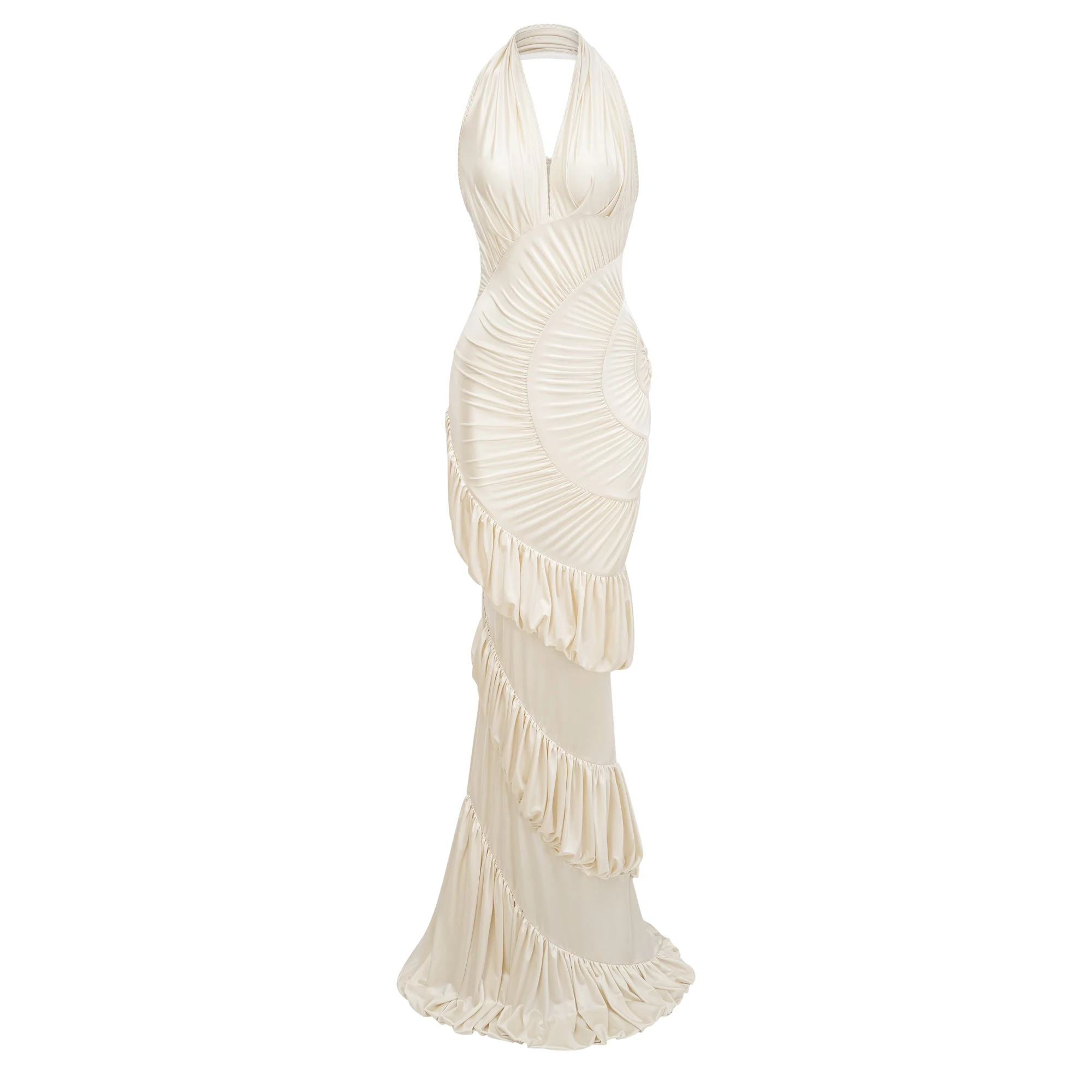 Halterneck Cream White Shirred Gown