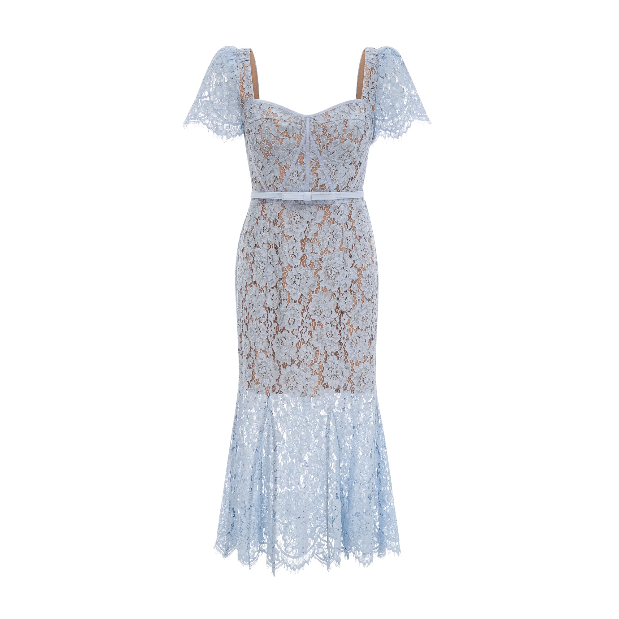 Audrey Blue Floral-Lace Boned Midi Dress