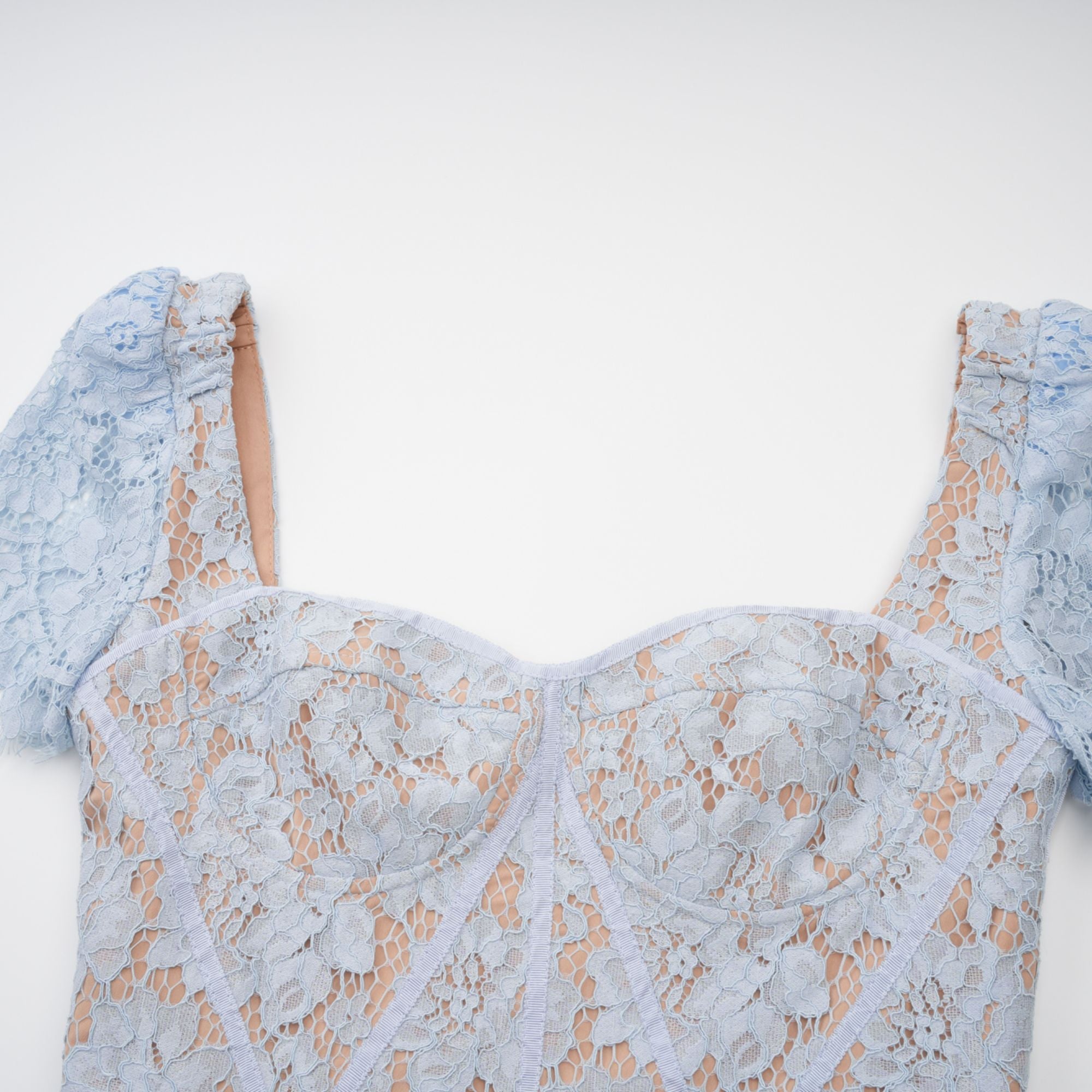 Audrey Blue Floral-Lace Boned Midi Dress