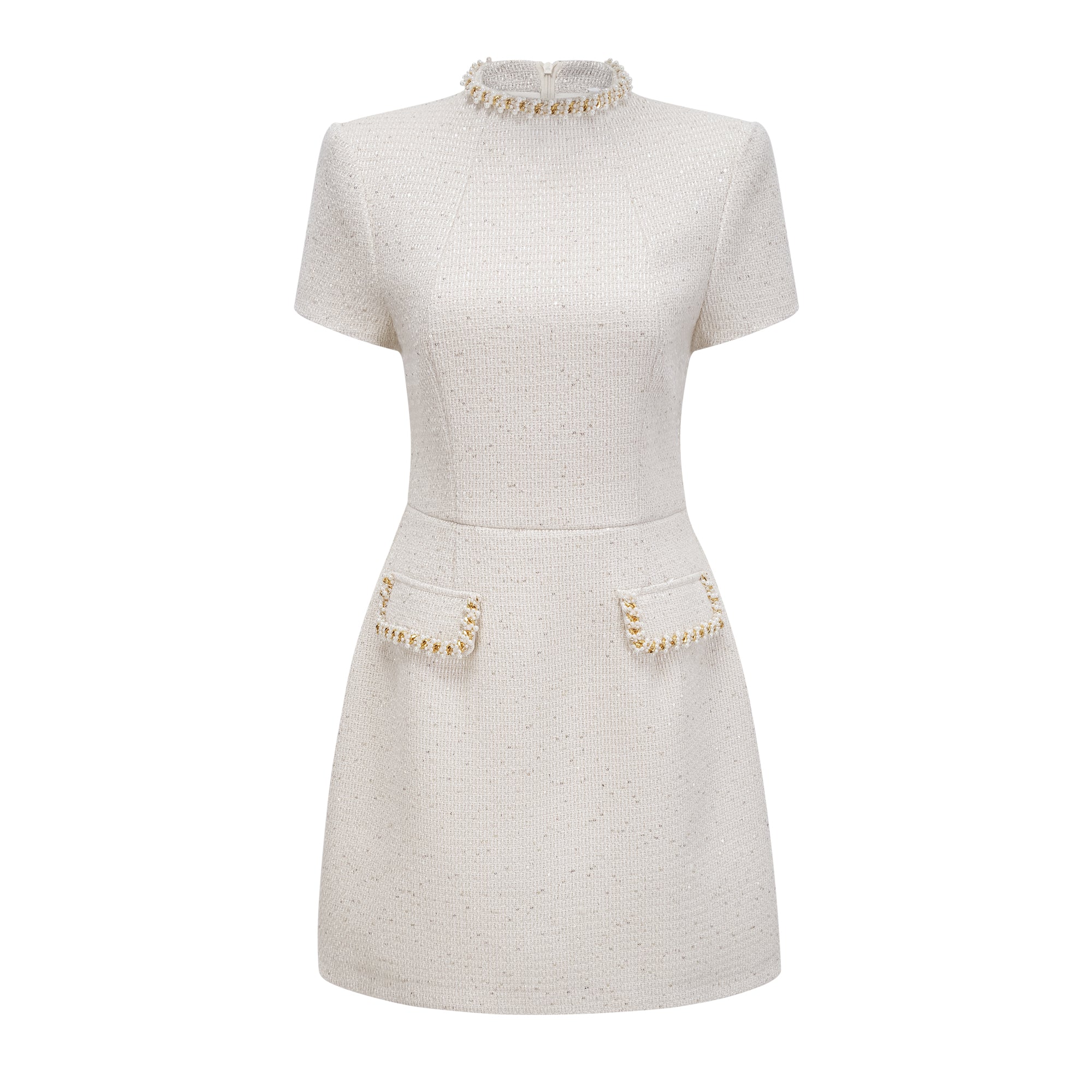 Jeanne White Embellished Tweed Mini Dress
