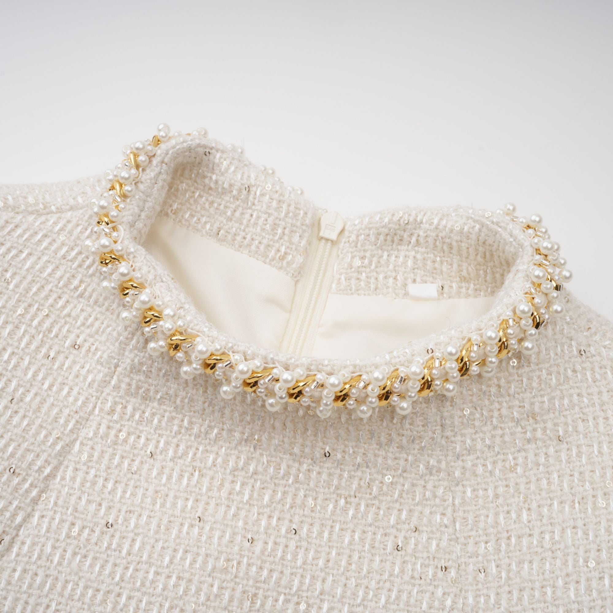 Jeanne White Embellished Tweed Mini Dress