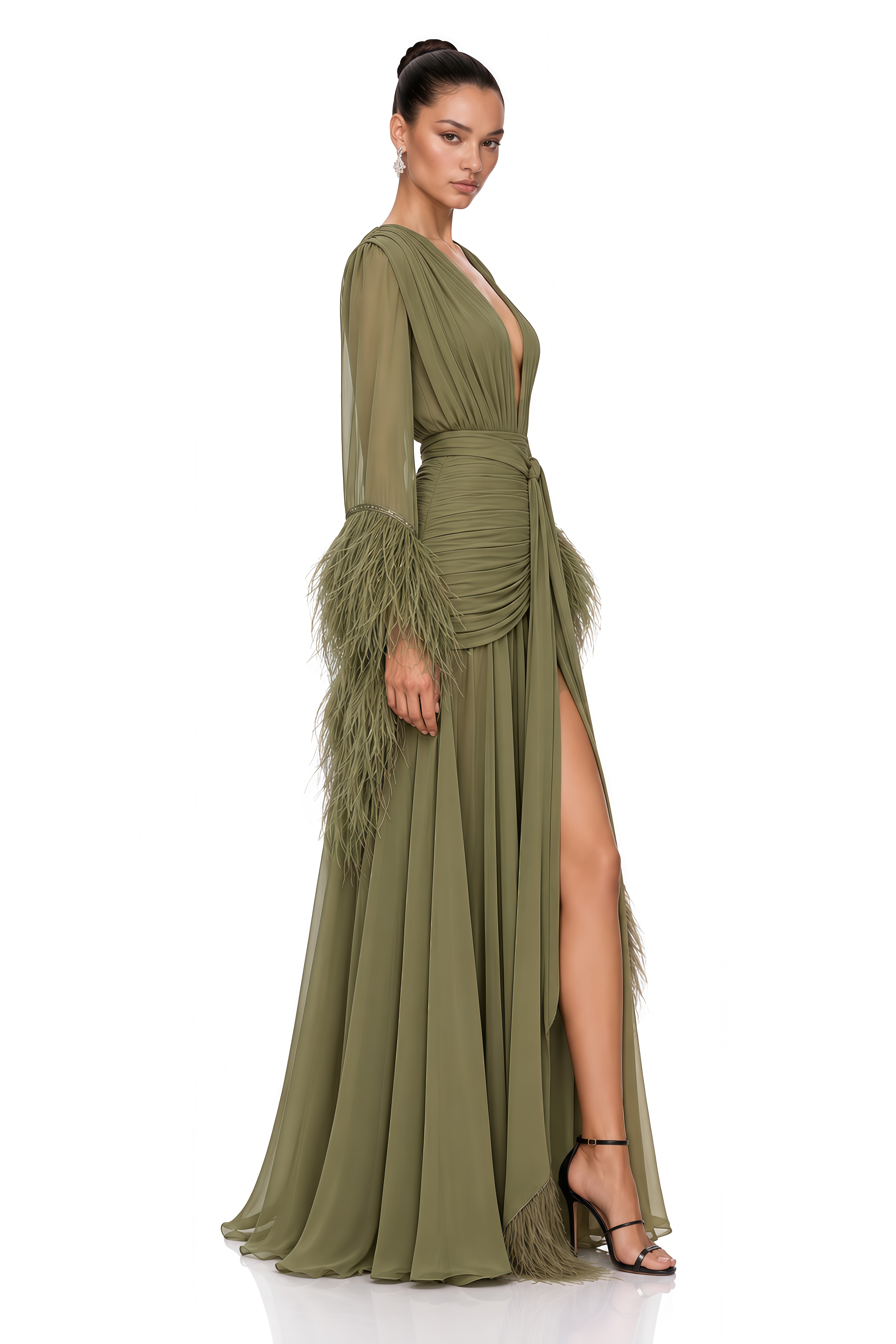 Daisy Olive Green Feather Cuff Draped Maxi Dress