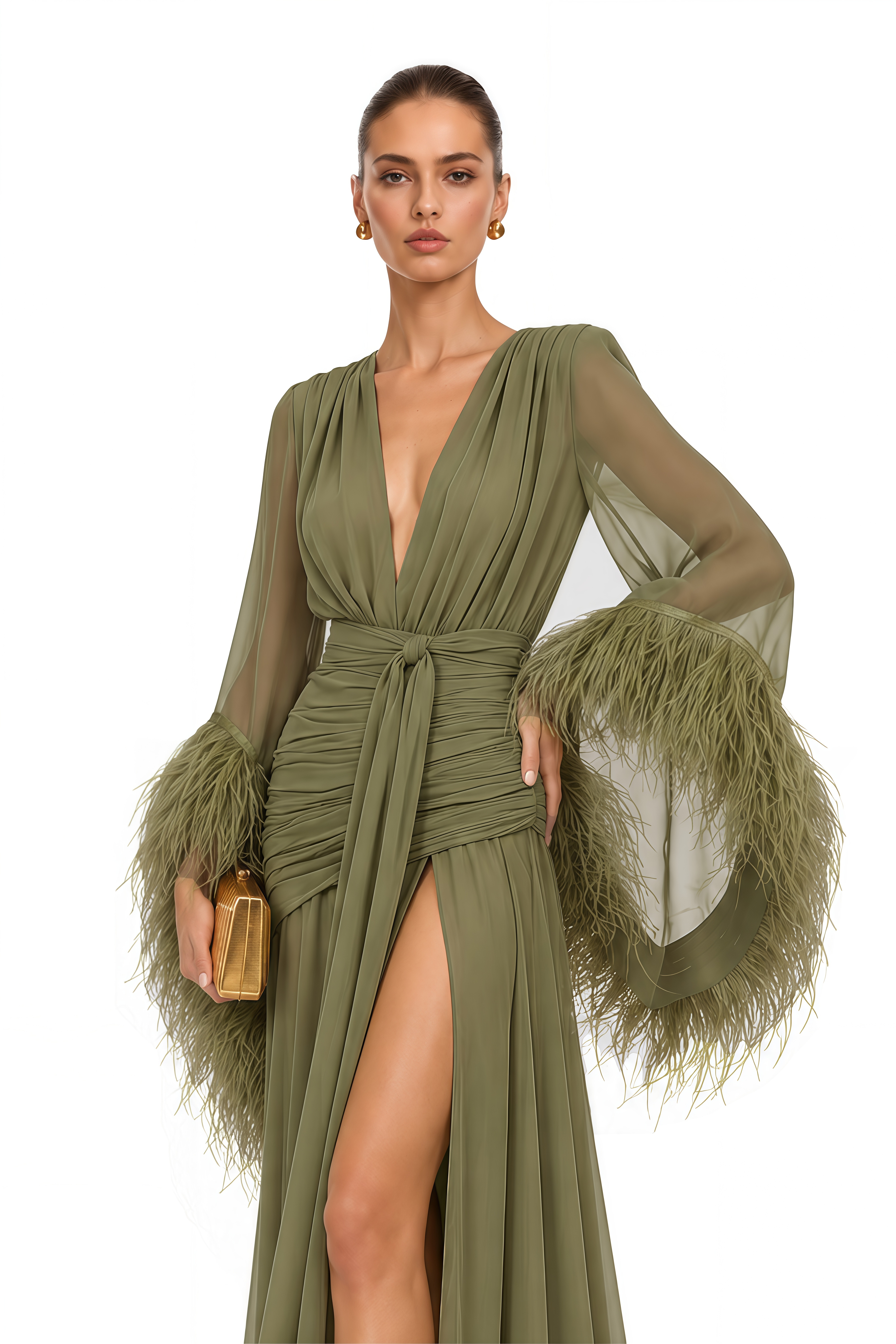 Daisy Olive Green Feather Cuff Draped Maxi Dress
