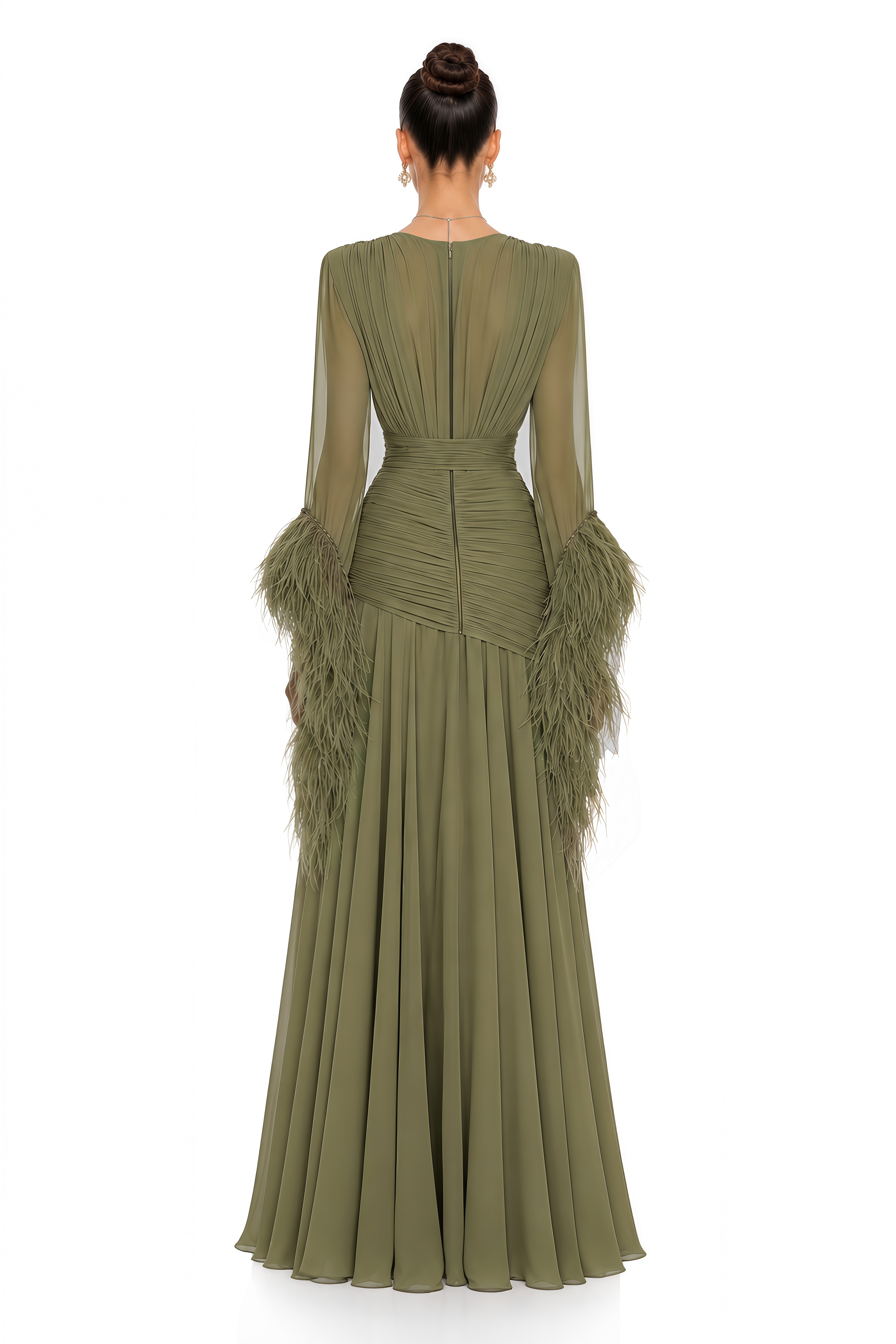 Daisy Olive Green Feather Cuff Draped Maxi Dress