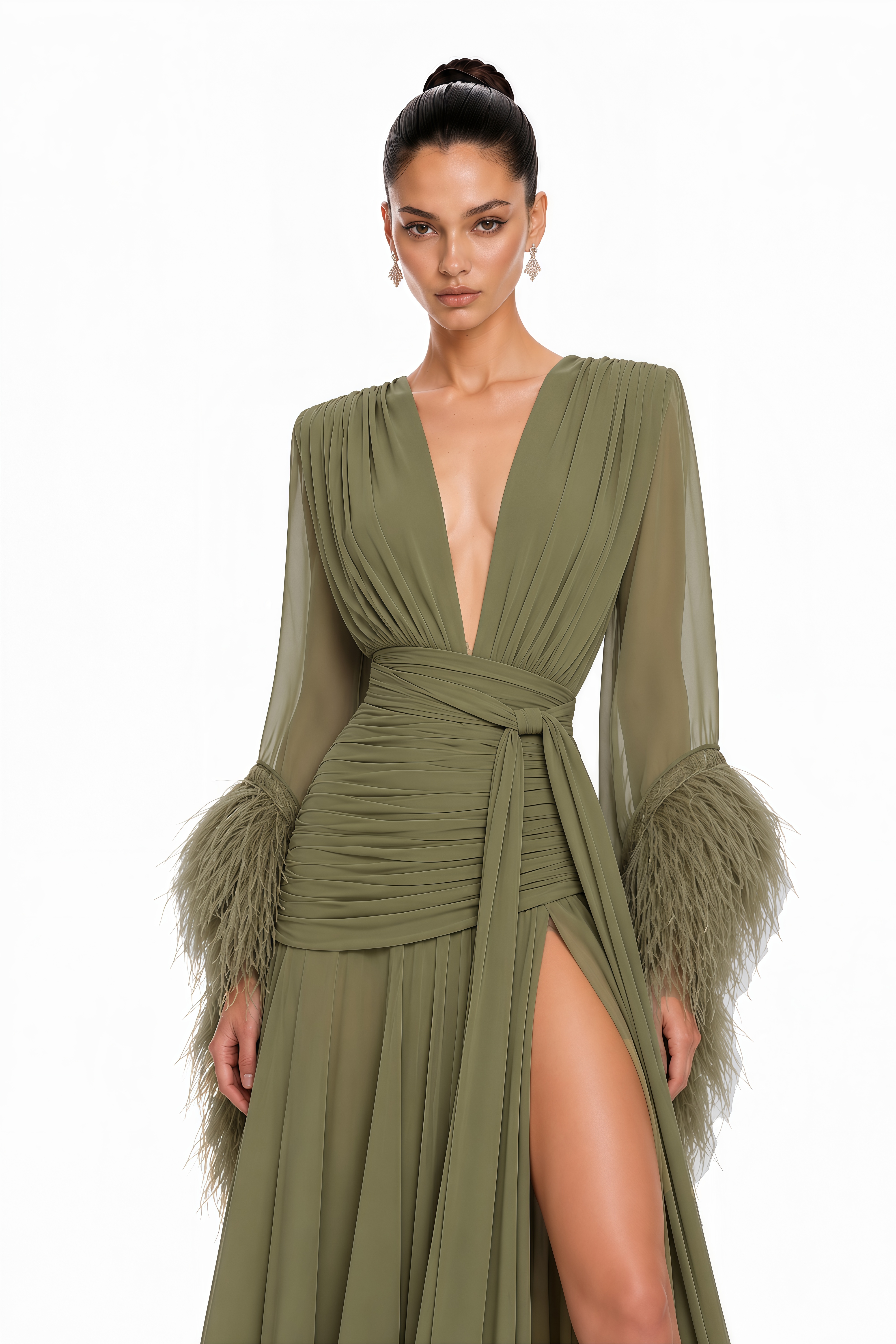 Daisy Olive Green Feather Cuff Draped Maxi Dress