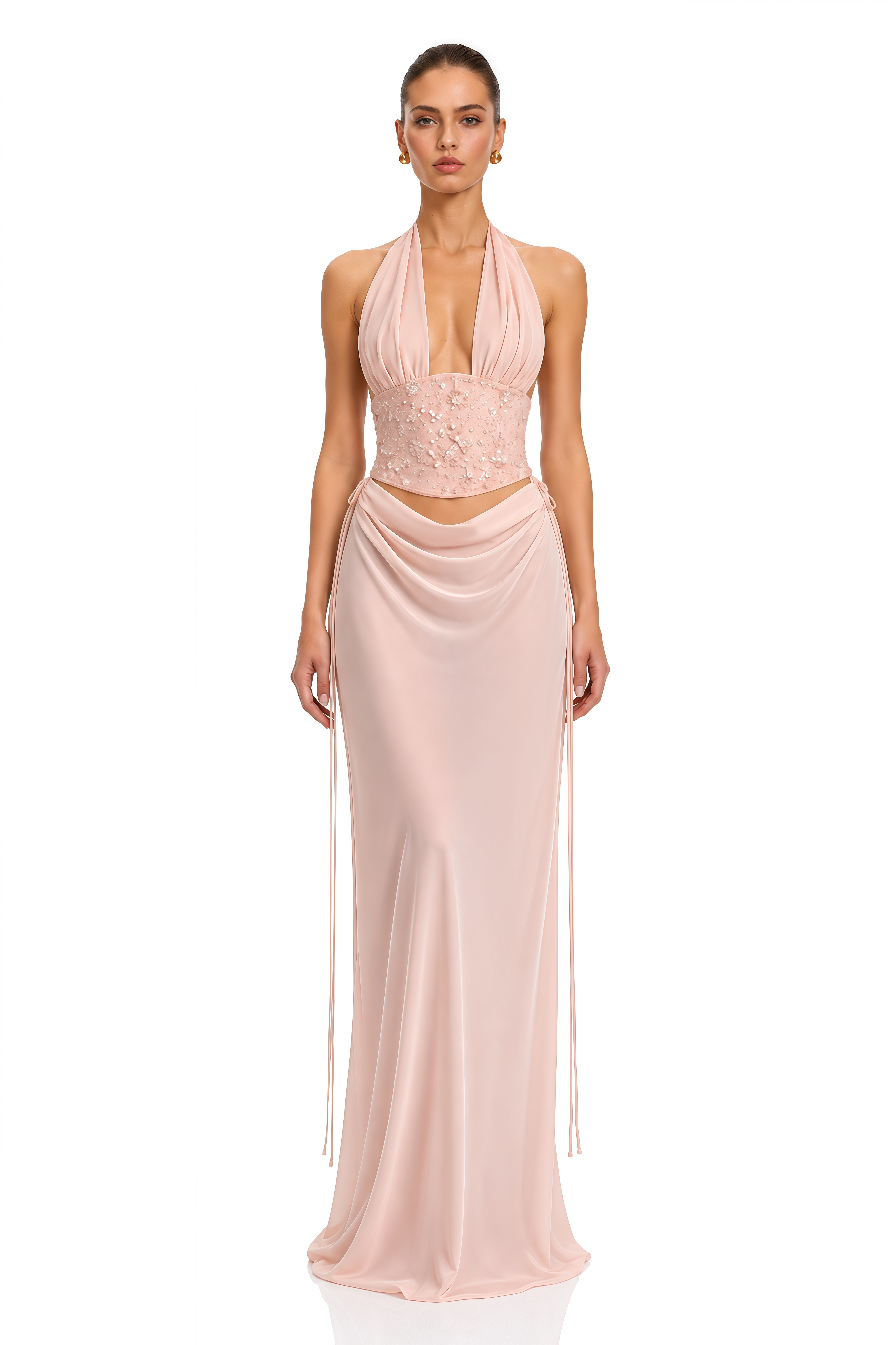 Daleka Pink Halterneck Embellished Top & Skirt Set