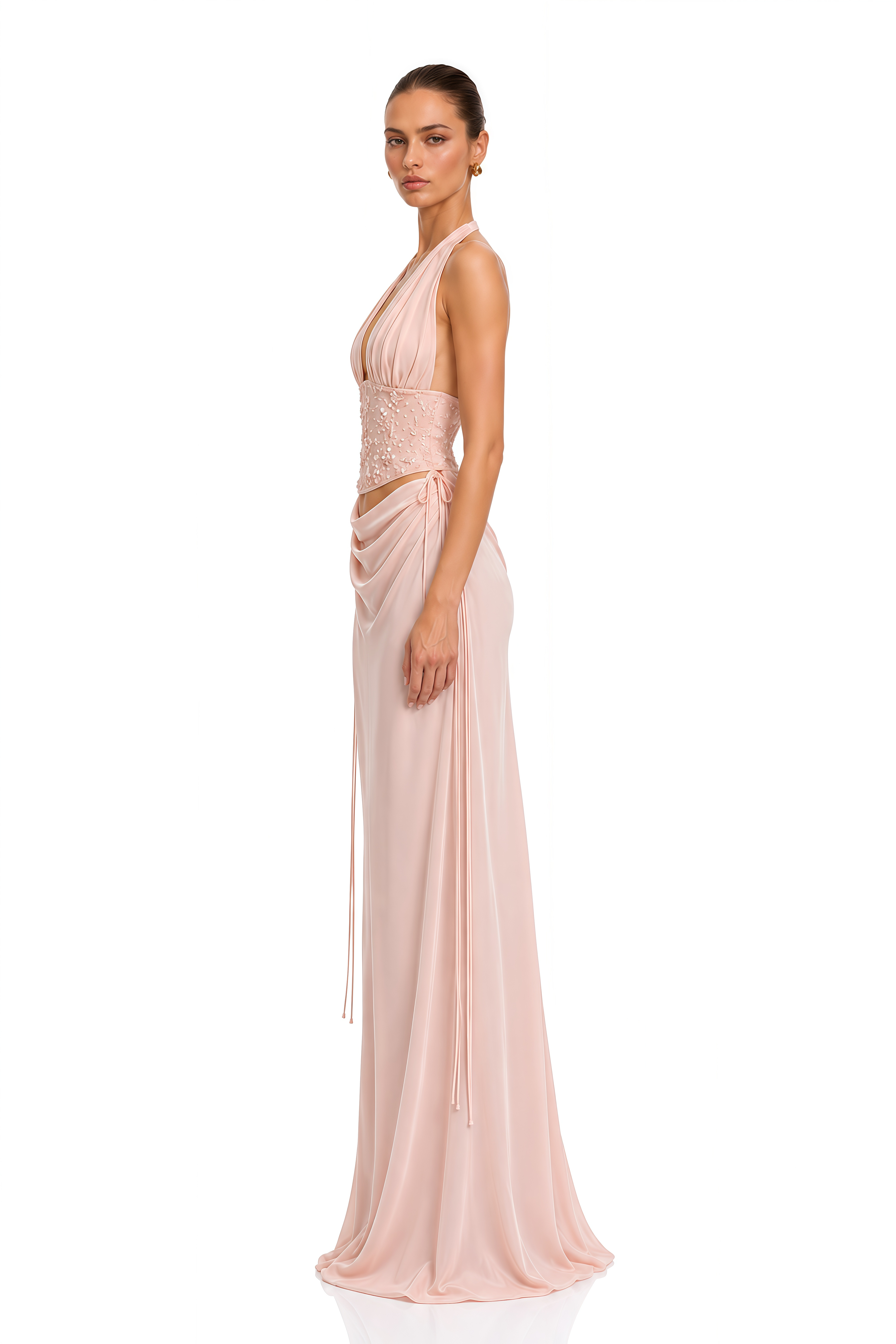 Daleka Pink Halterneck Embellished Top & Skirt Set