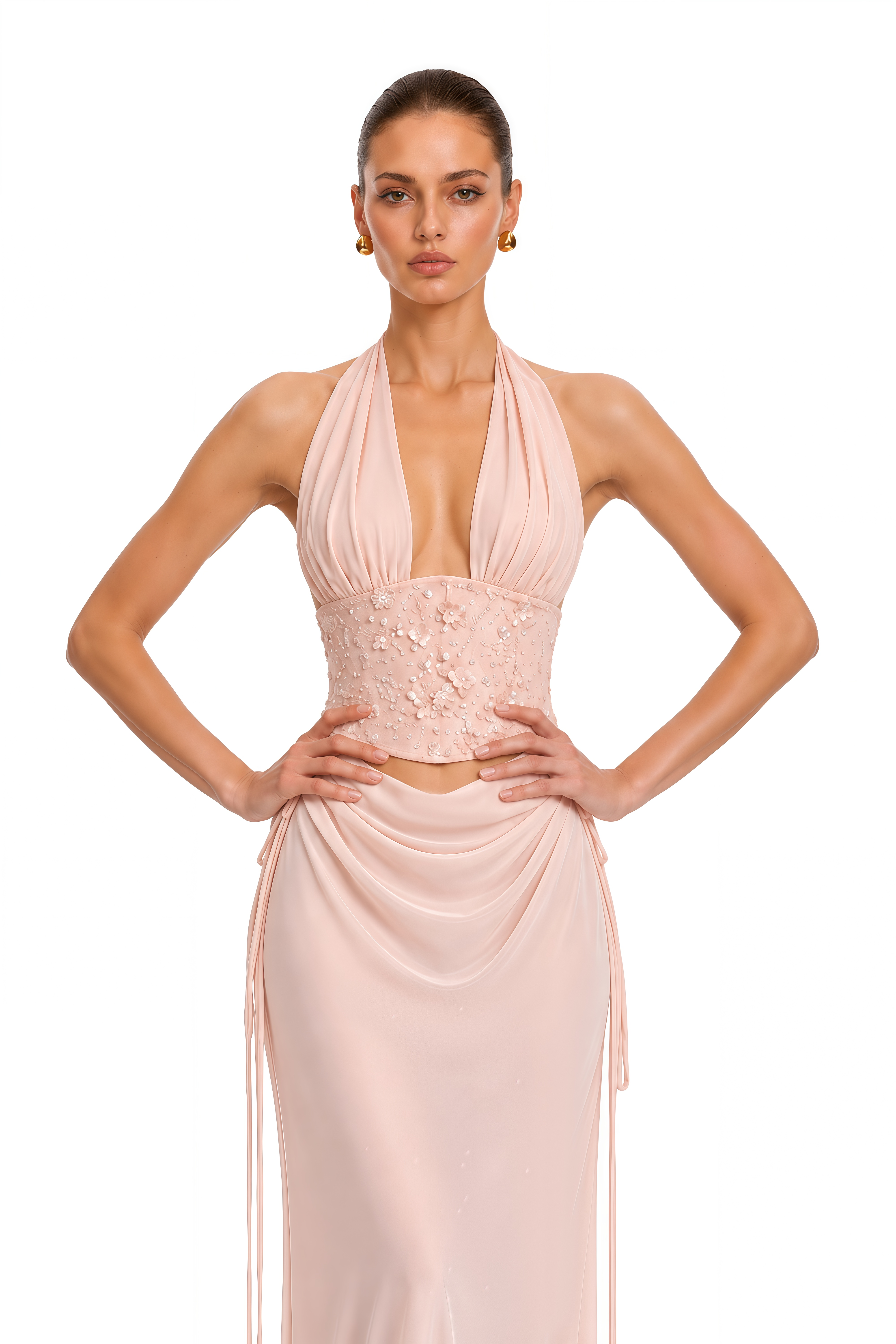 Daleka Pink Halterneck Embellished Top & Skirt Set