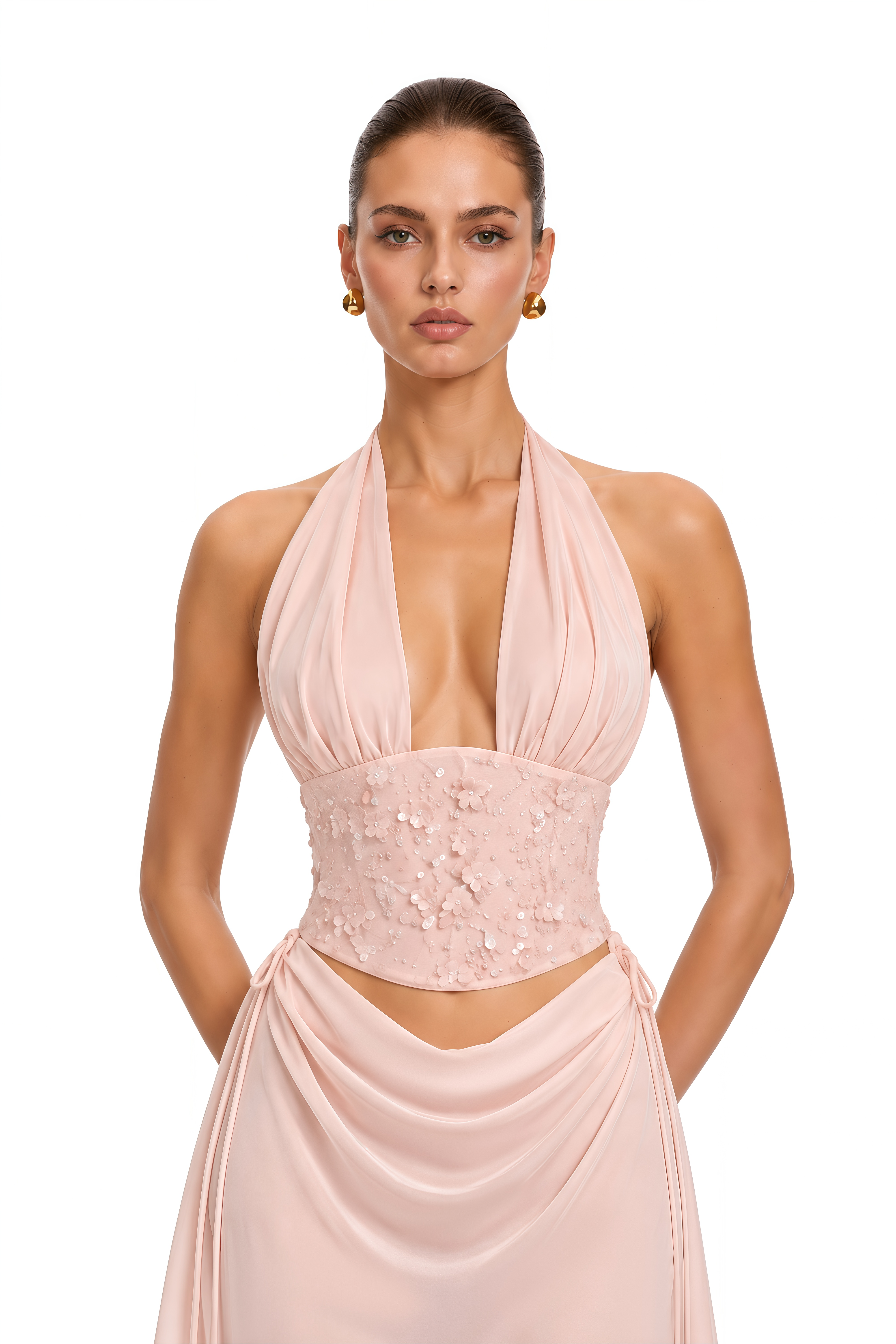 Daleka Pink Halterneck Embellished Top & Skirt Set