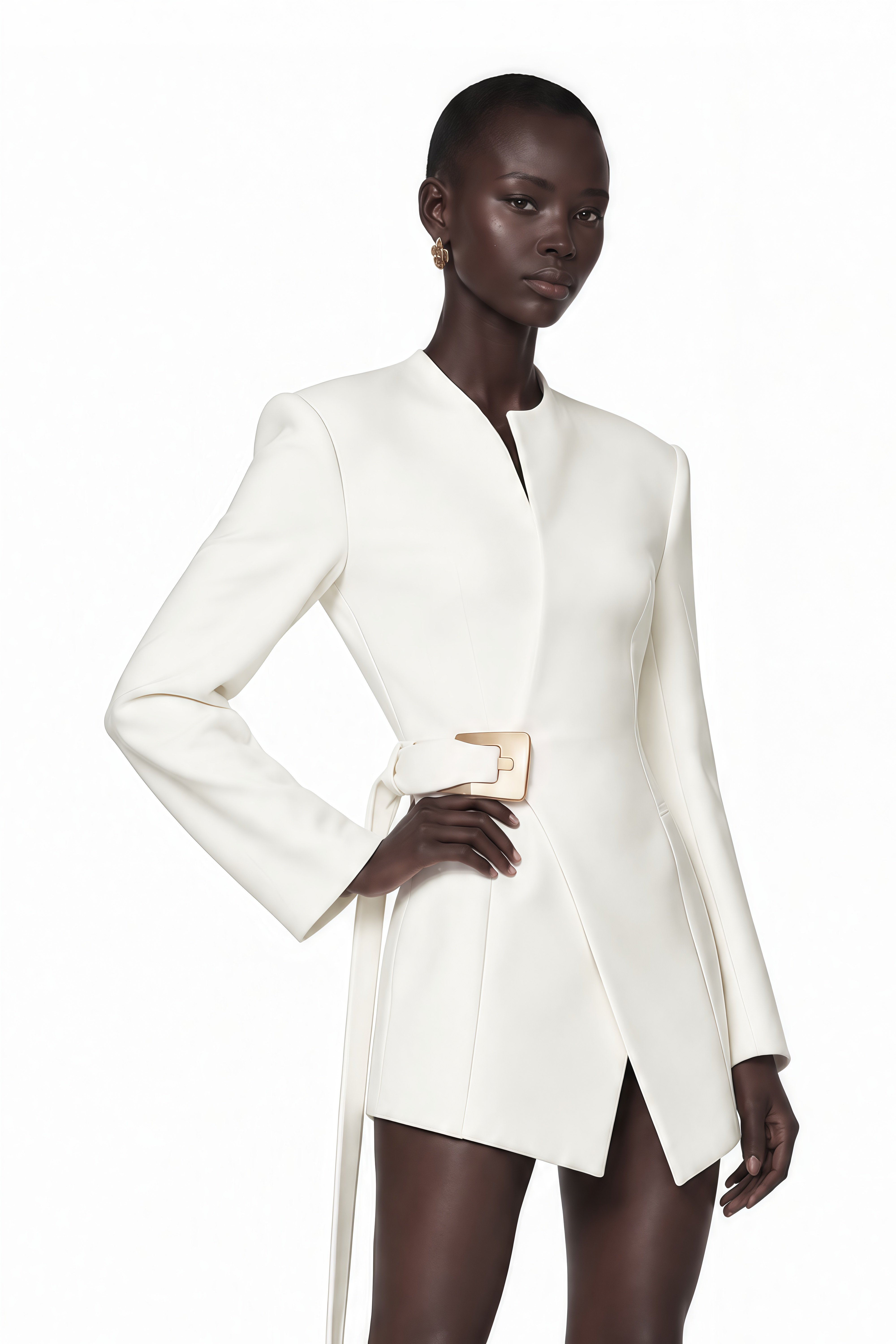 Daleyza White Asymmetrical Hem Belted Blazer Jacket