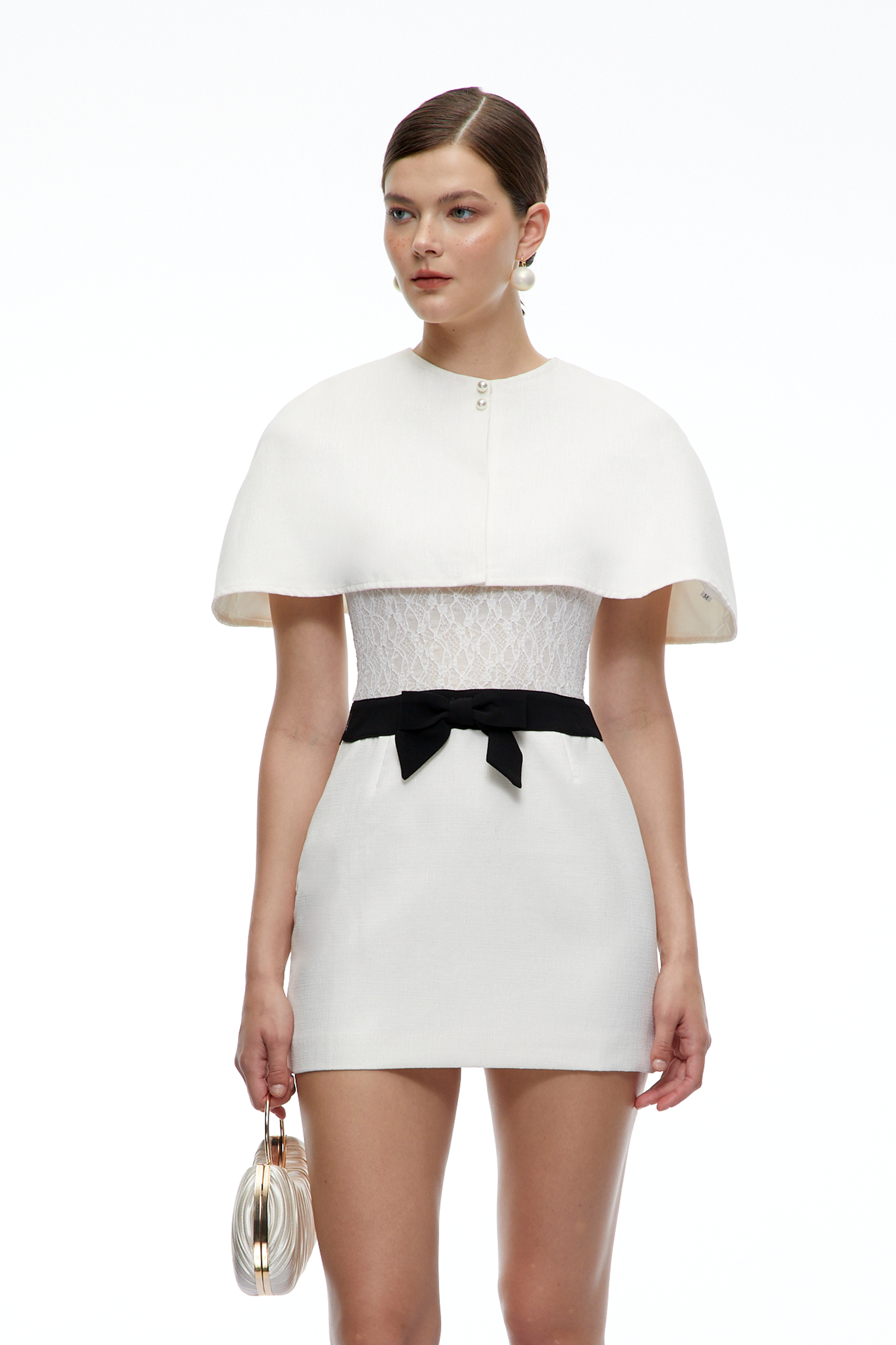 Daniela White Floral Lace Bow Mini Dress with Cape