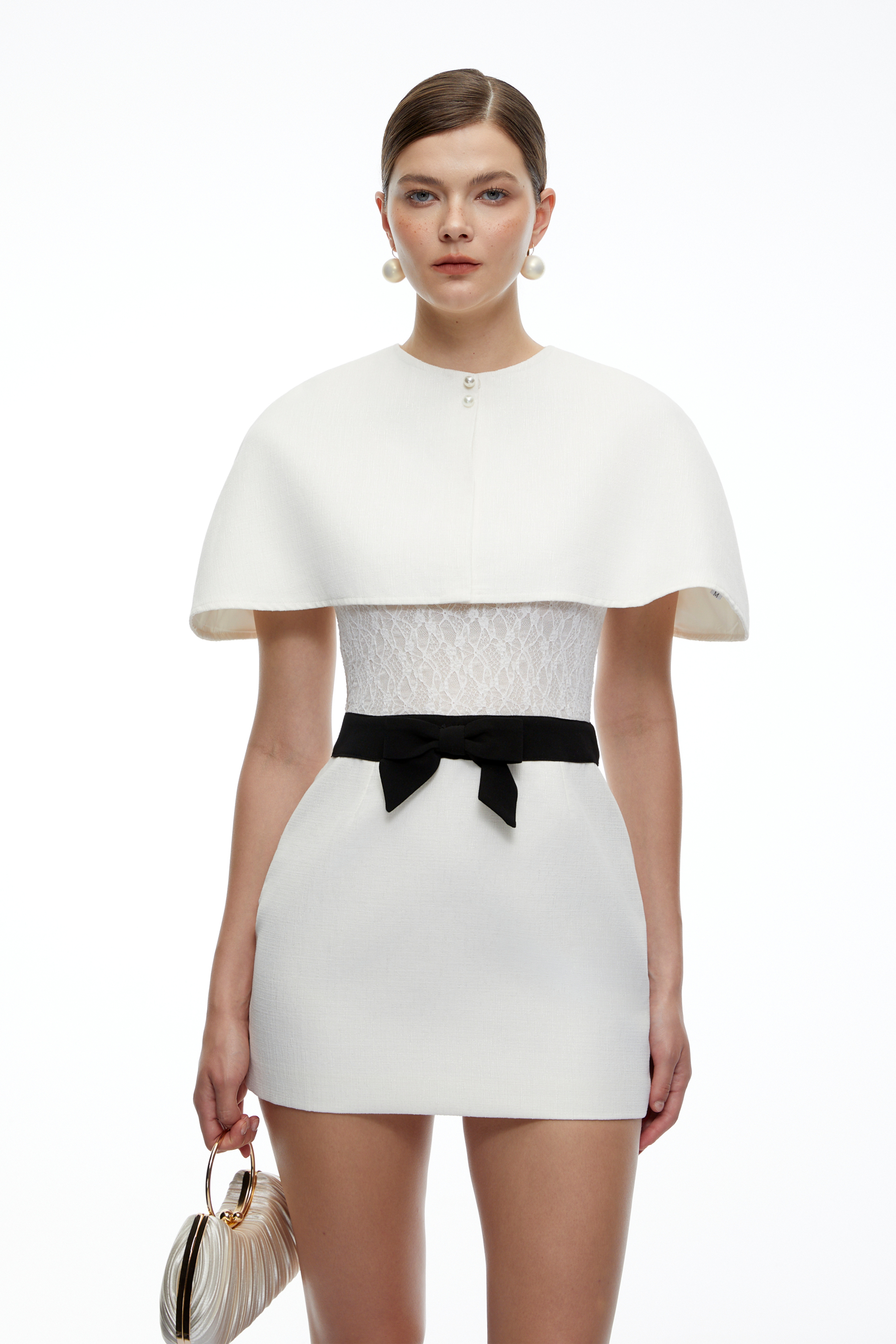 Daniela White Floral Lace Bow Mini Dress with Cape