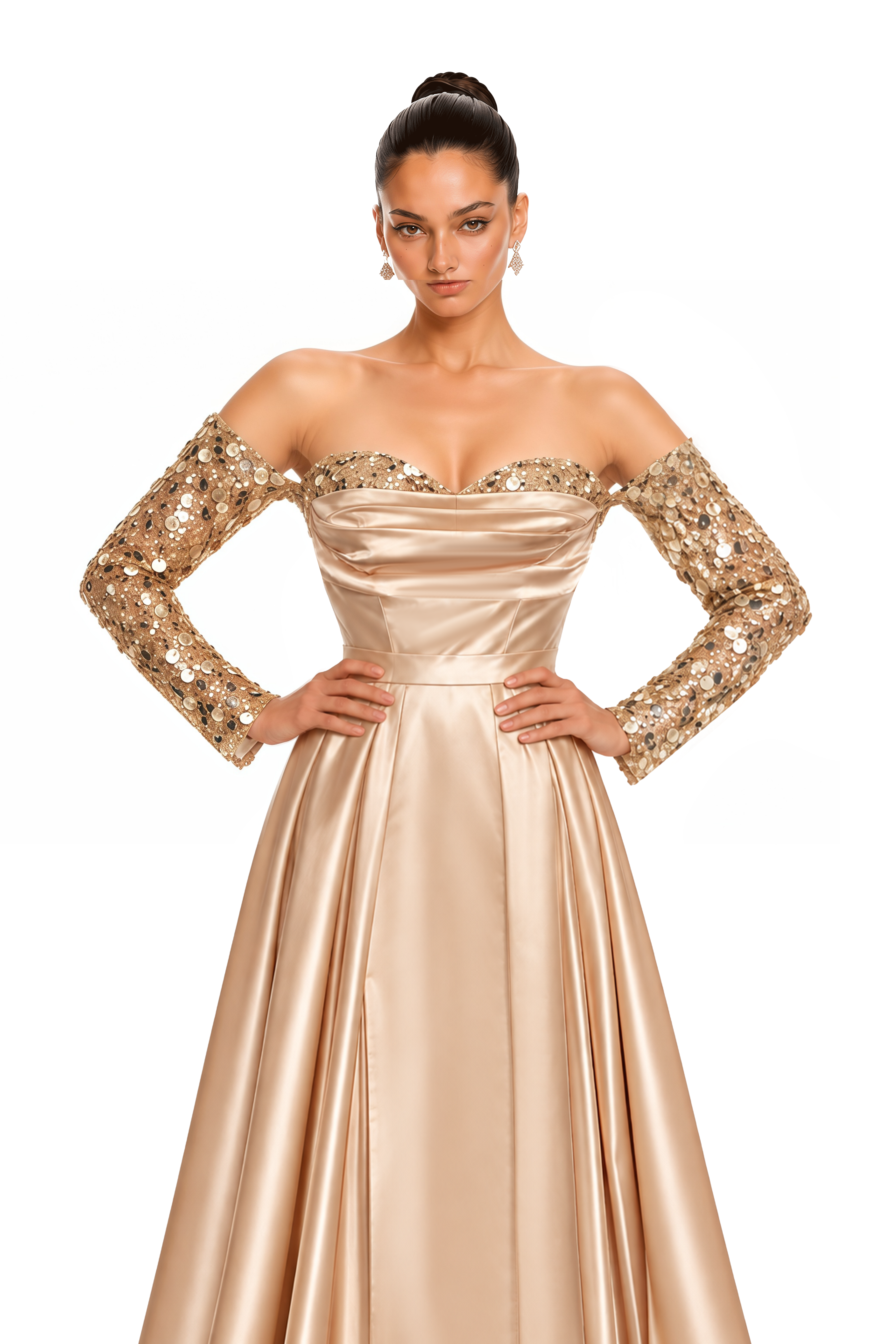 Daphne Champagne Embellished Off Shoulder Satin Maxi Gown