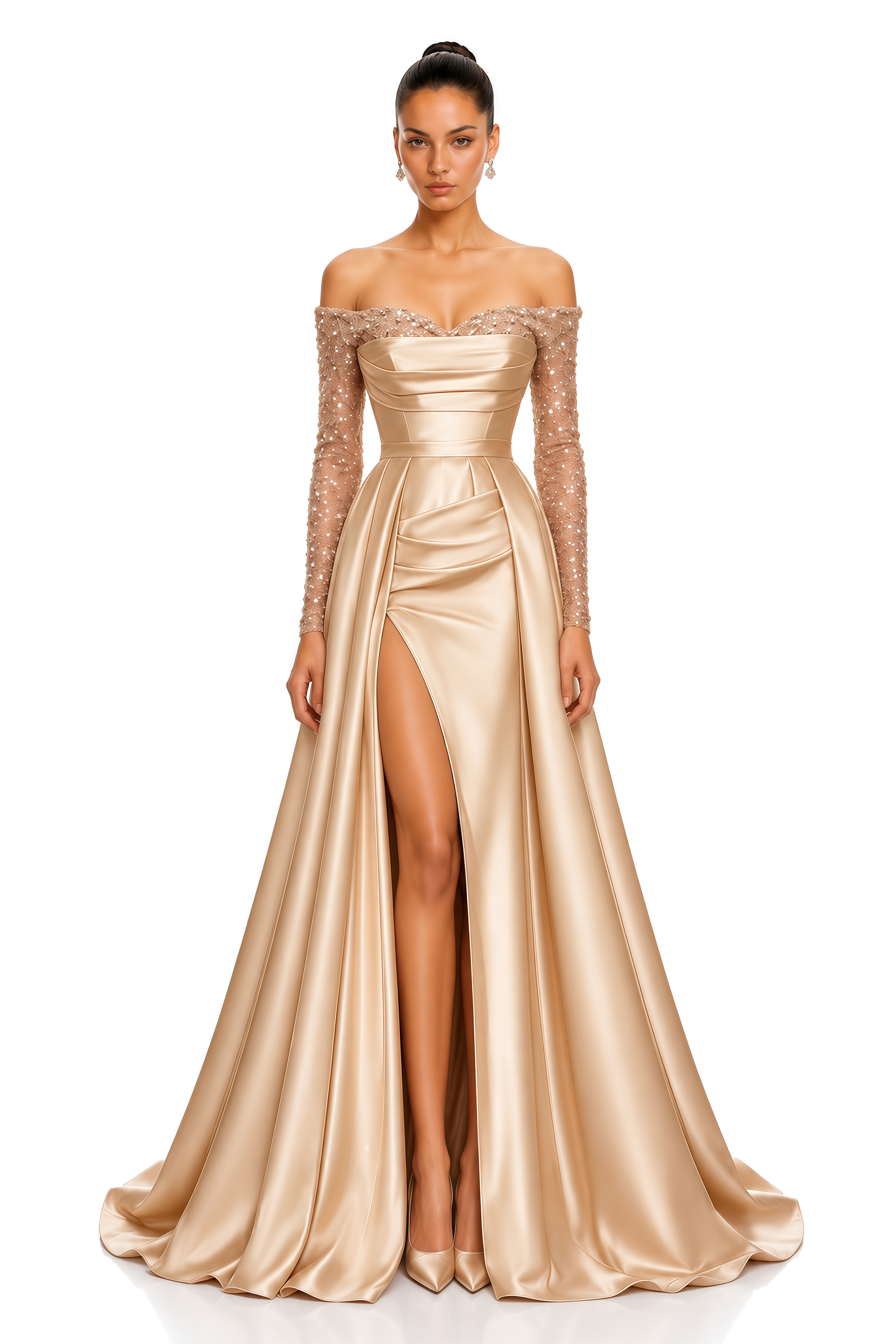 Daphne Champagne Embellished Off Shoulder Satin Maxi Gown