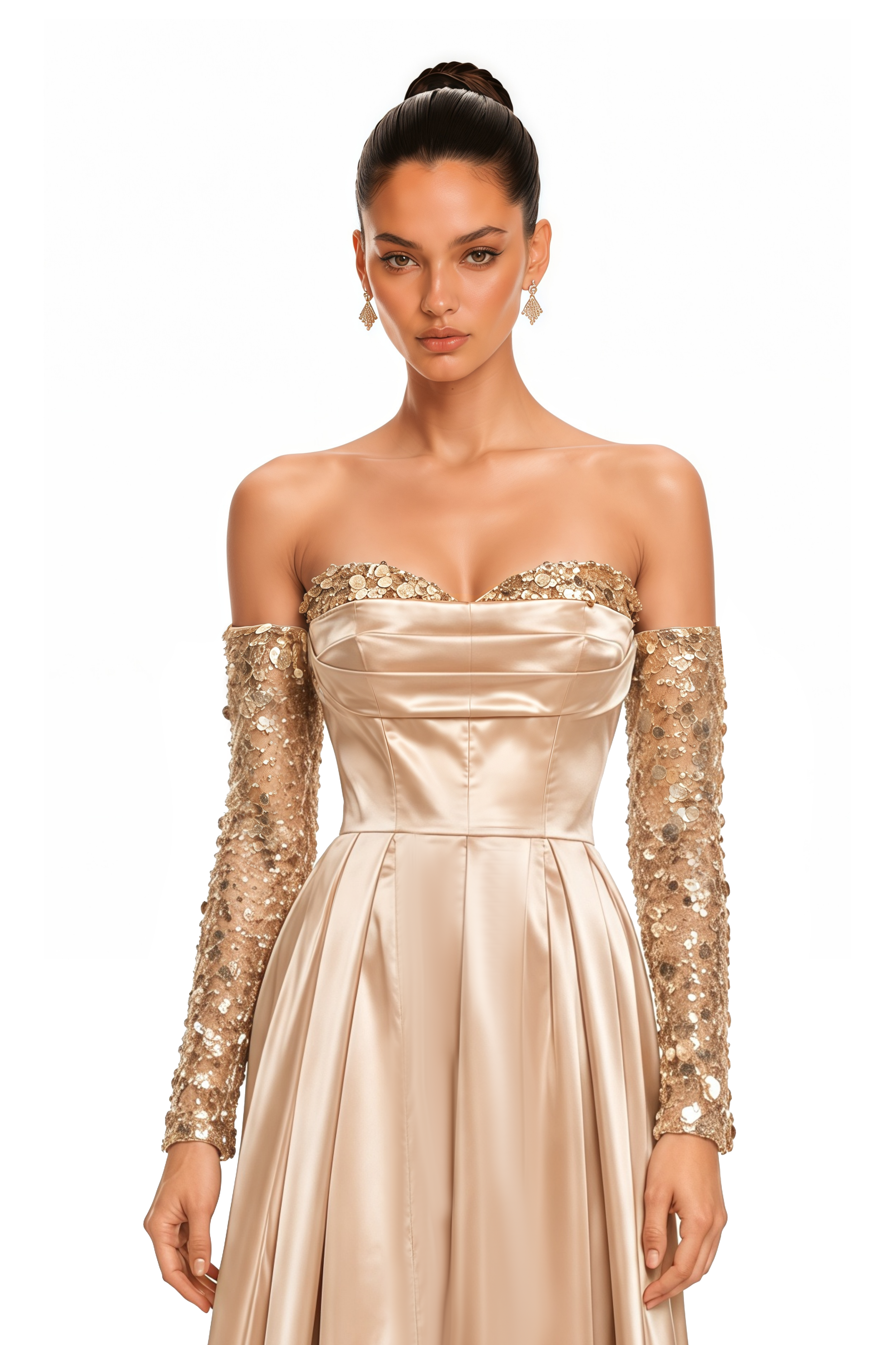 Daphne Champagne Embellished Off Shoulder Satin Maxi Gown