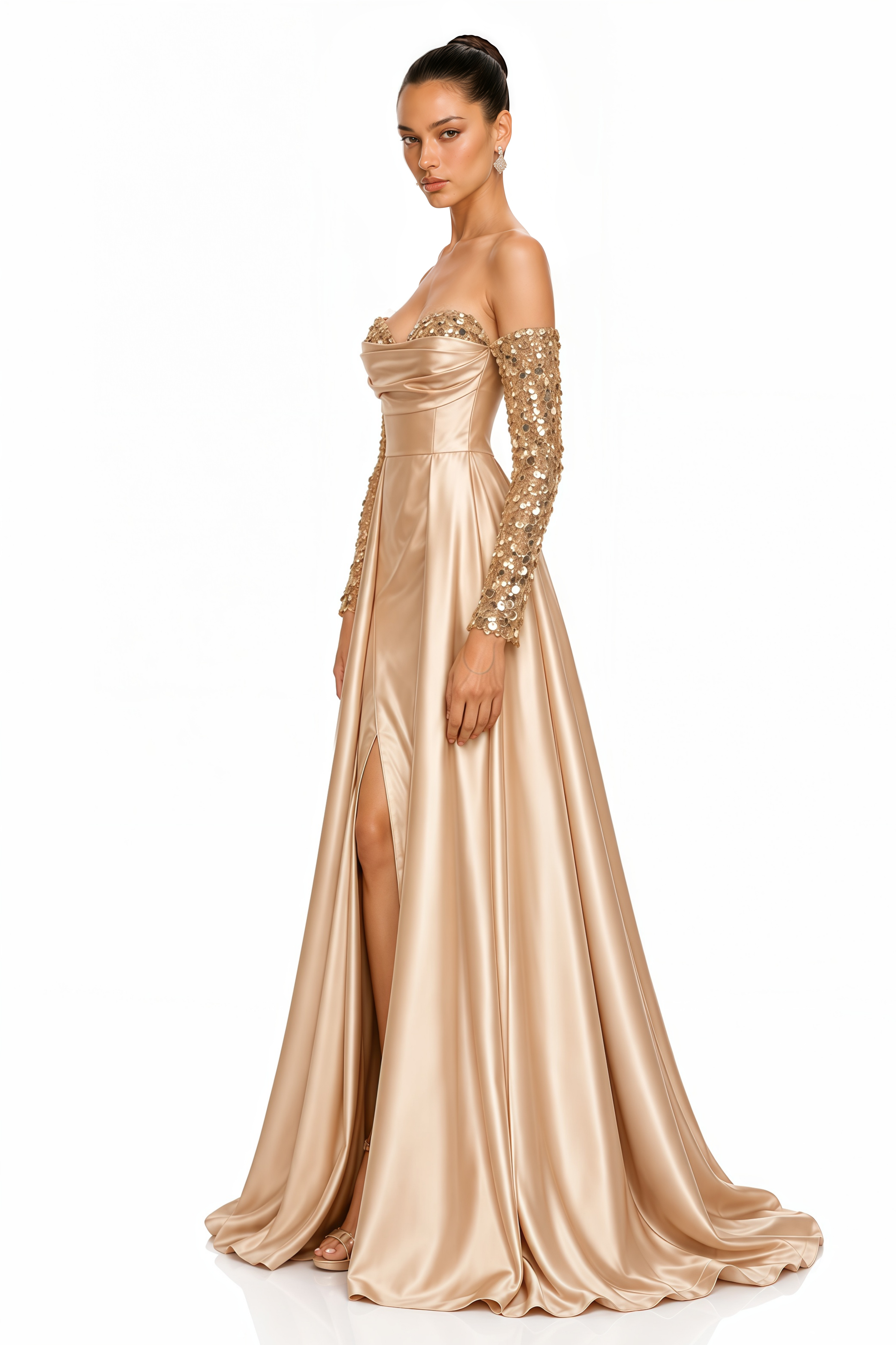 Daphne Champagne Embellished Off Shoulder Satin Maxi Gown