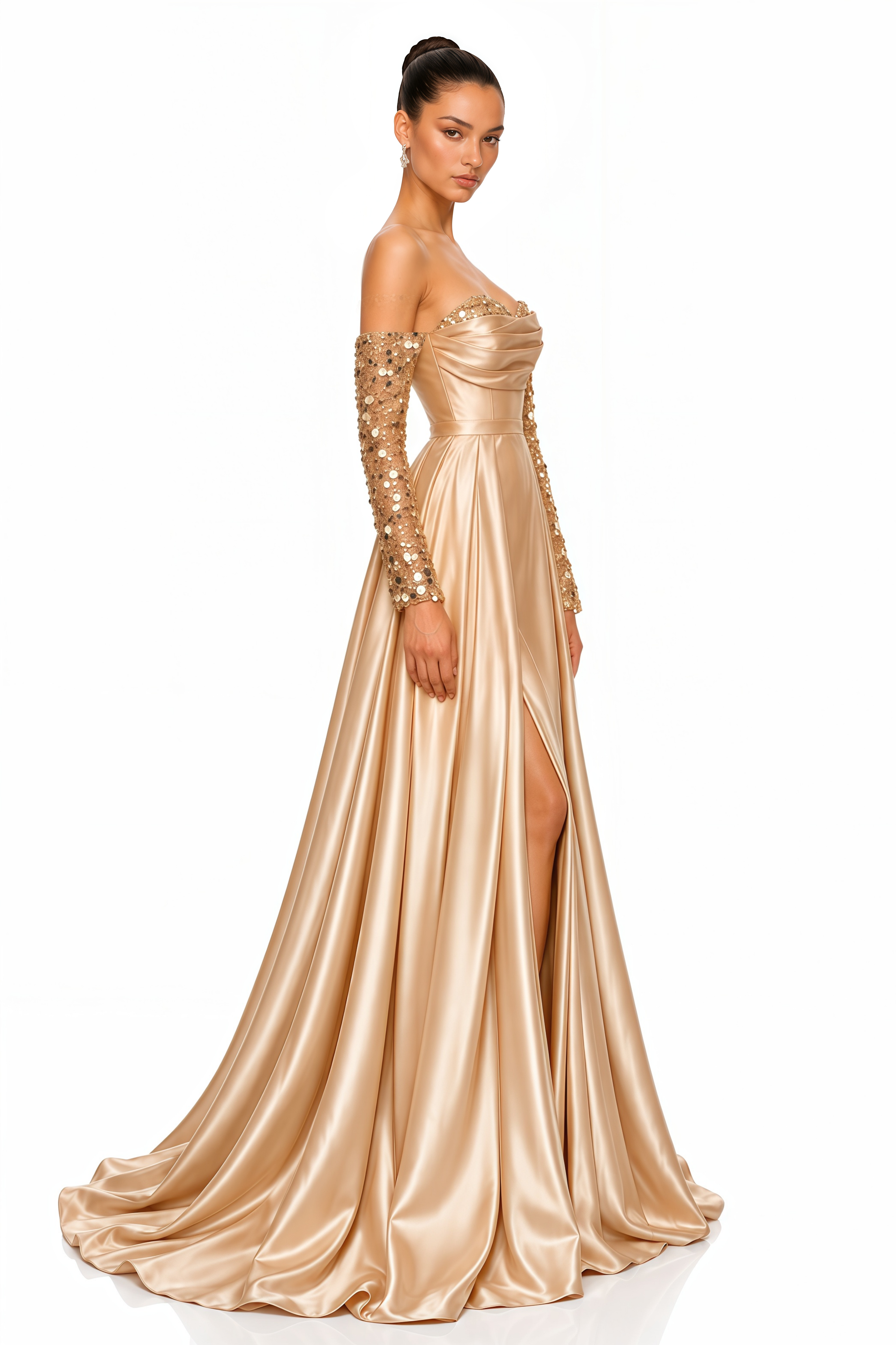 Daphne Champagne Embellished Off Shoulder Satin Maxi Gown