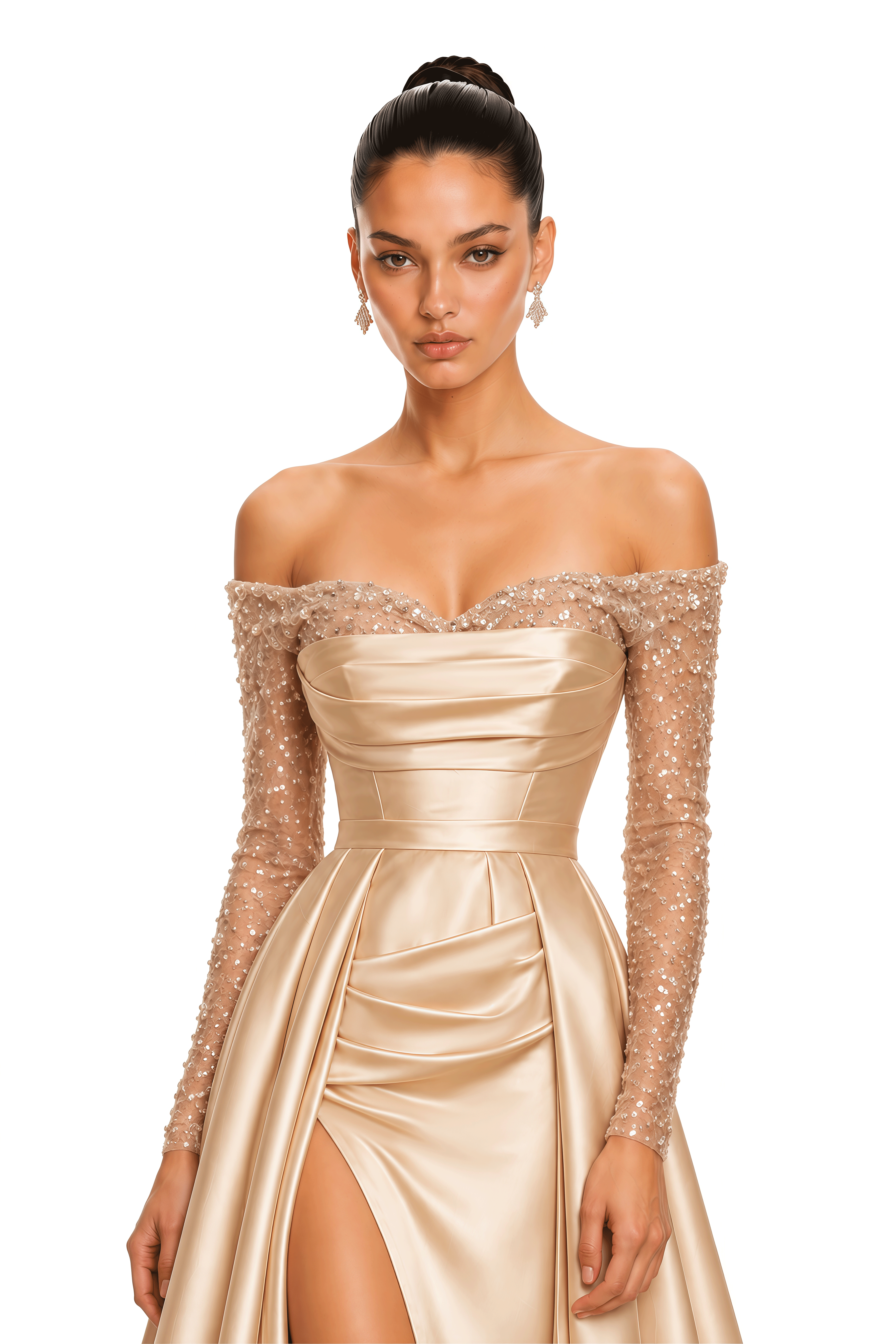 Daphne Champagne Embellished Off Shoulder Satin Maxi Gown