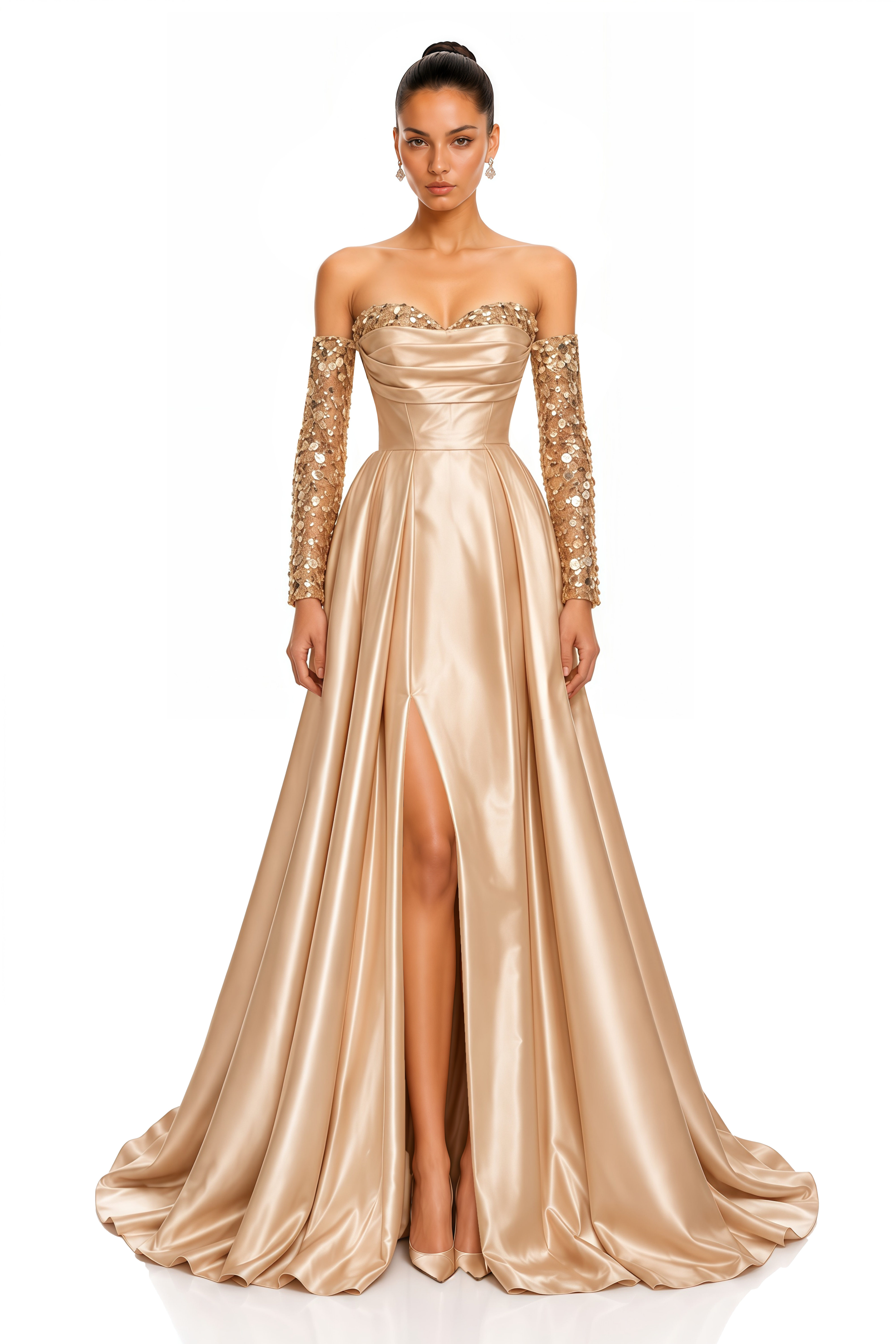 Daphne Champagne Embellished Off Shoulder Satin Maxi Gown