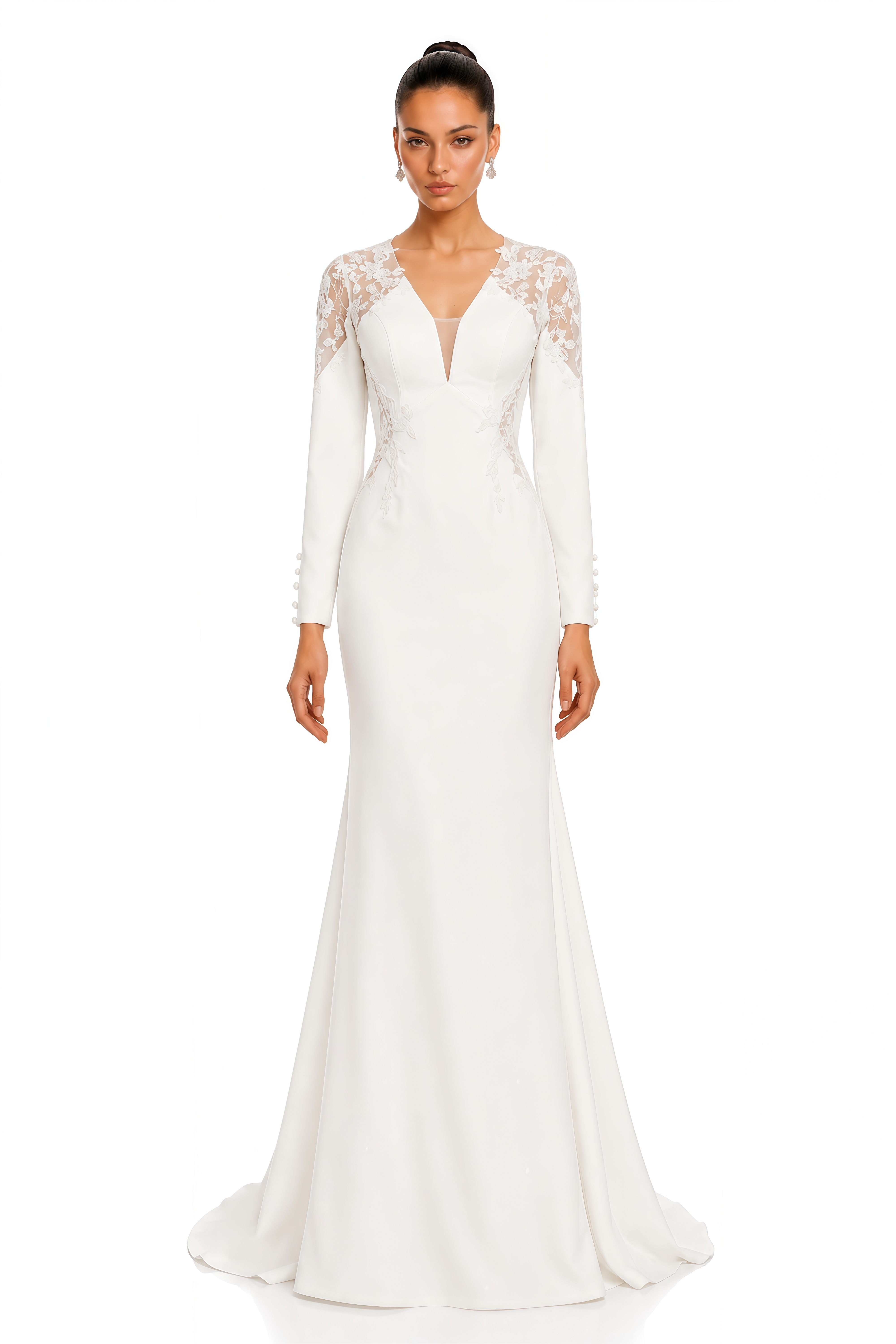 Darcy White Lace Plunge Long Sleeve Maxi Dress