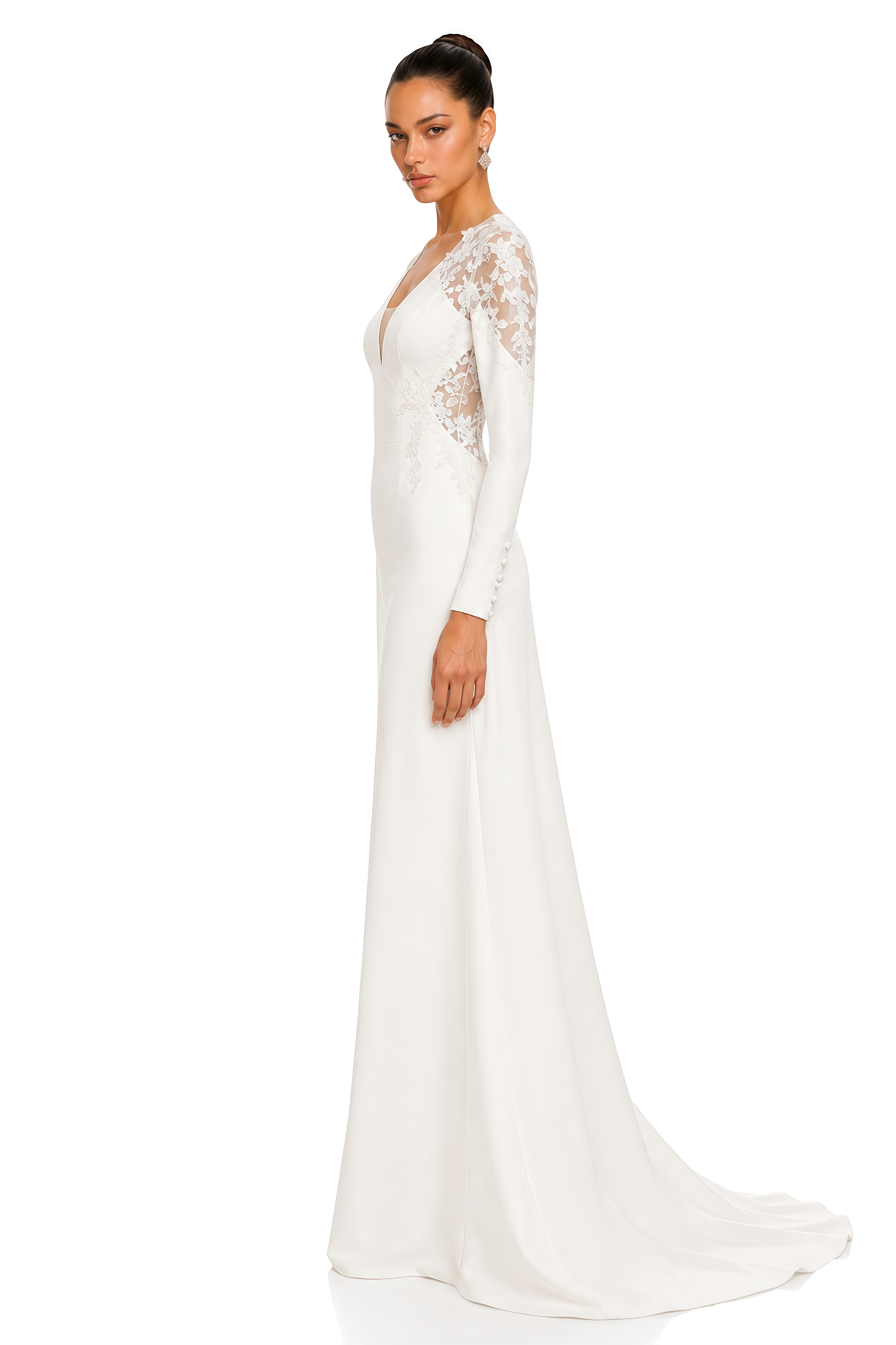 Darcy White Lace Plunge Long Sleeve Maxi Dress