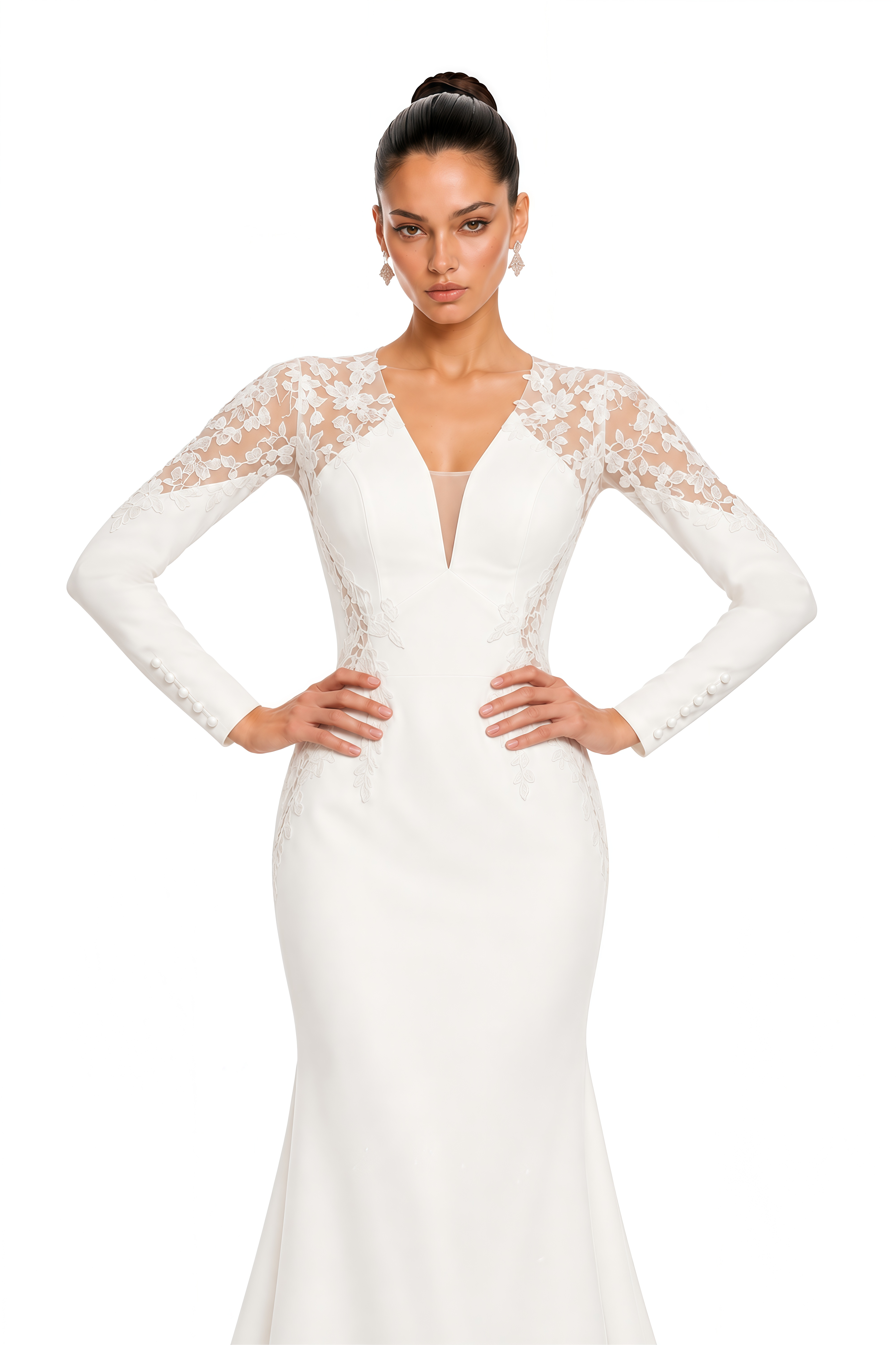 Darcy White Lace Plunge Long Sleeve Maxi Dress