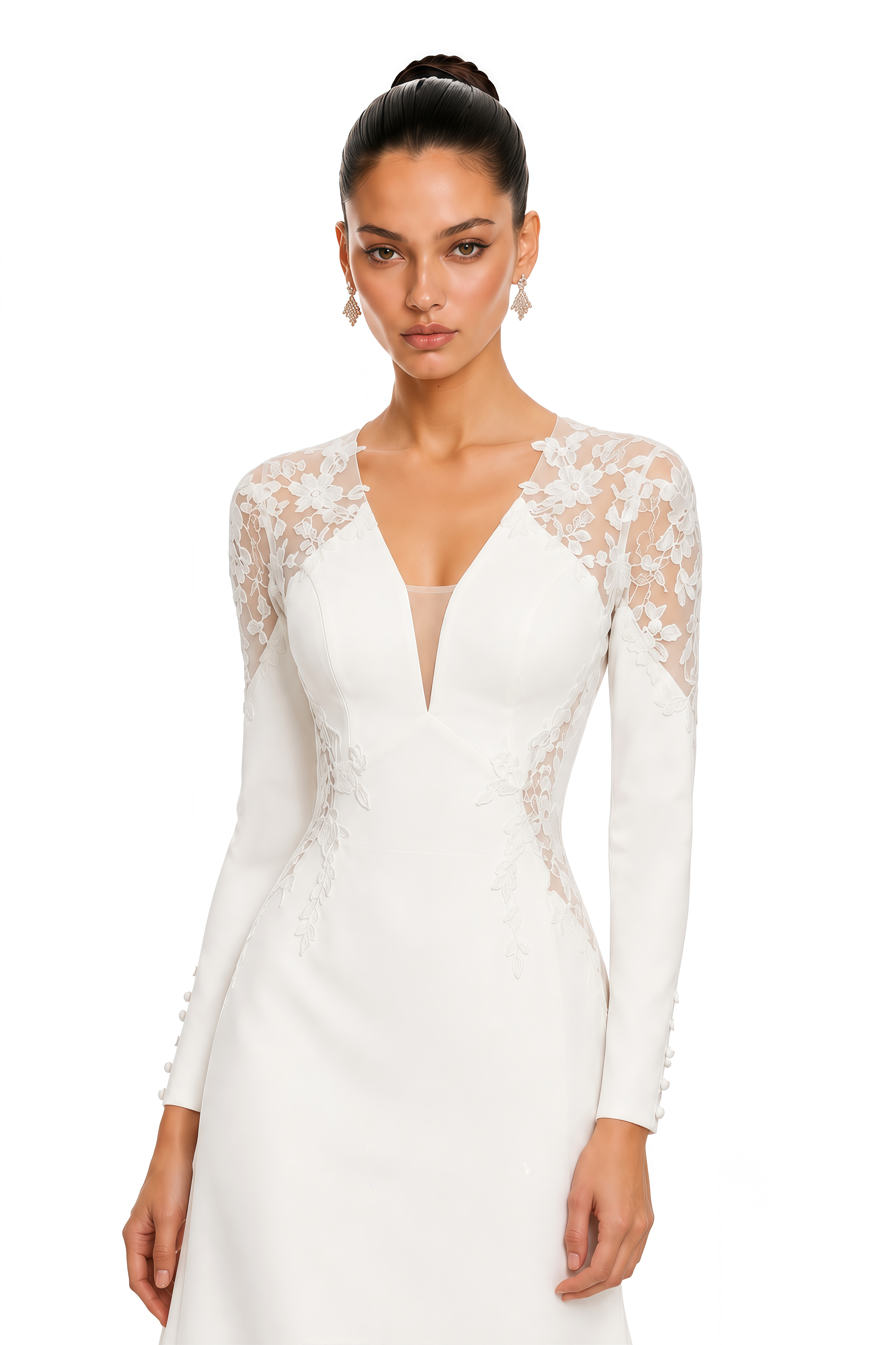 Darcy White Lace Plunge Long Sleeve Maxi Dress
