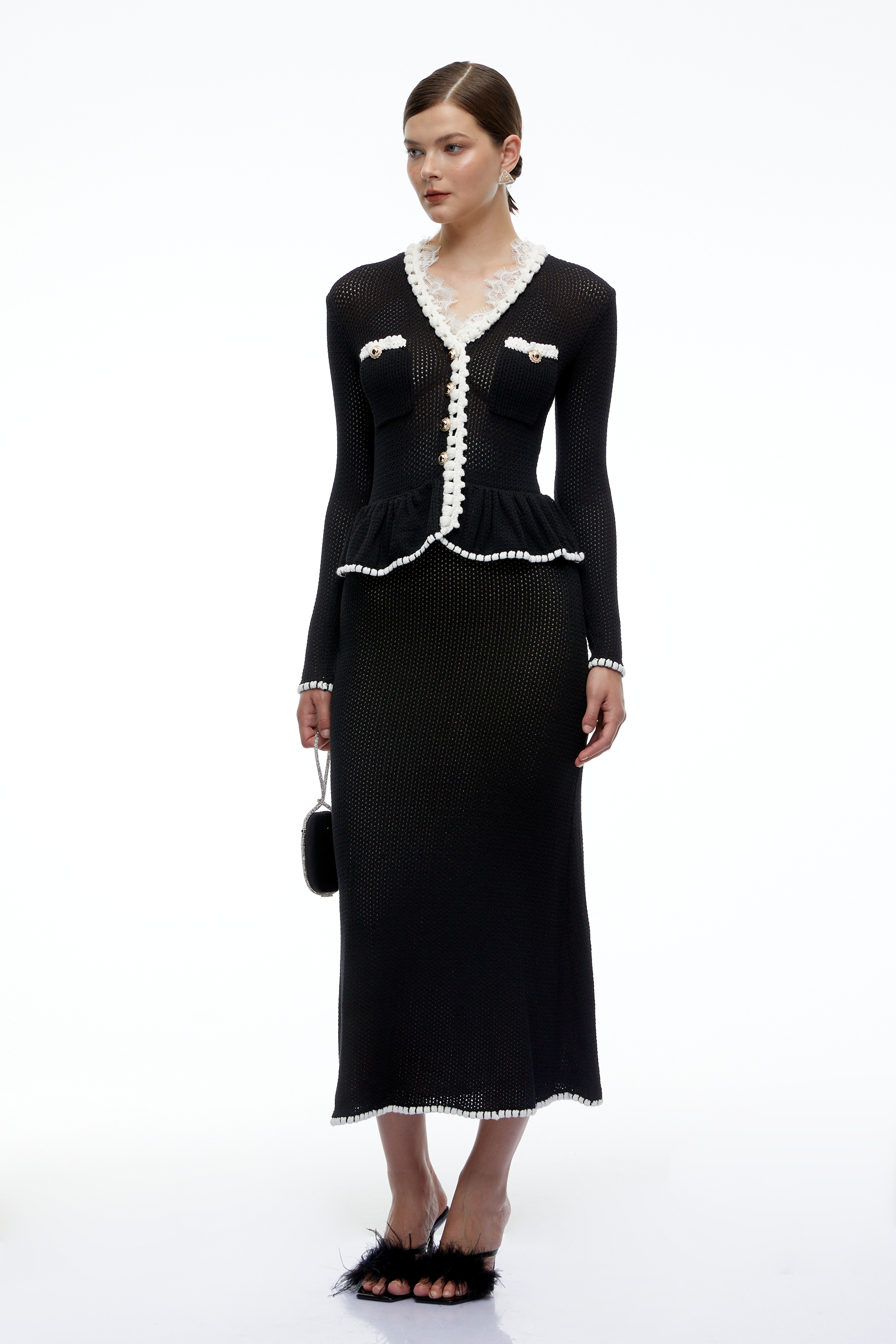 Deborah Black Contrast Trim Peplum Knit Blouse & Skirt Set