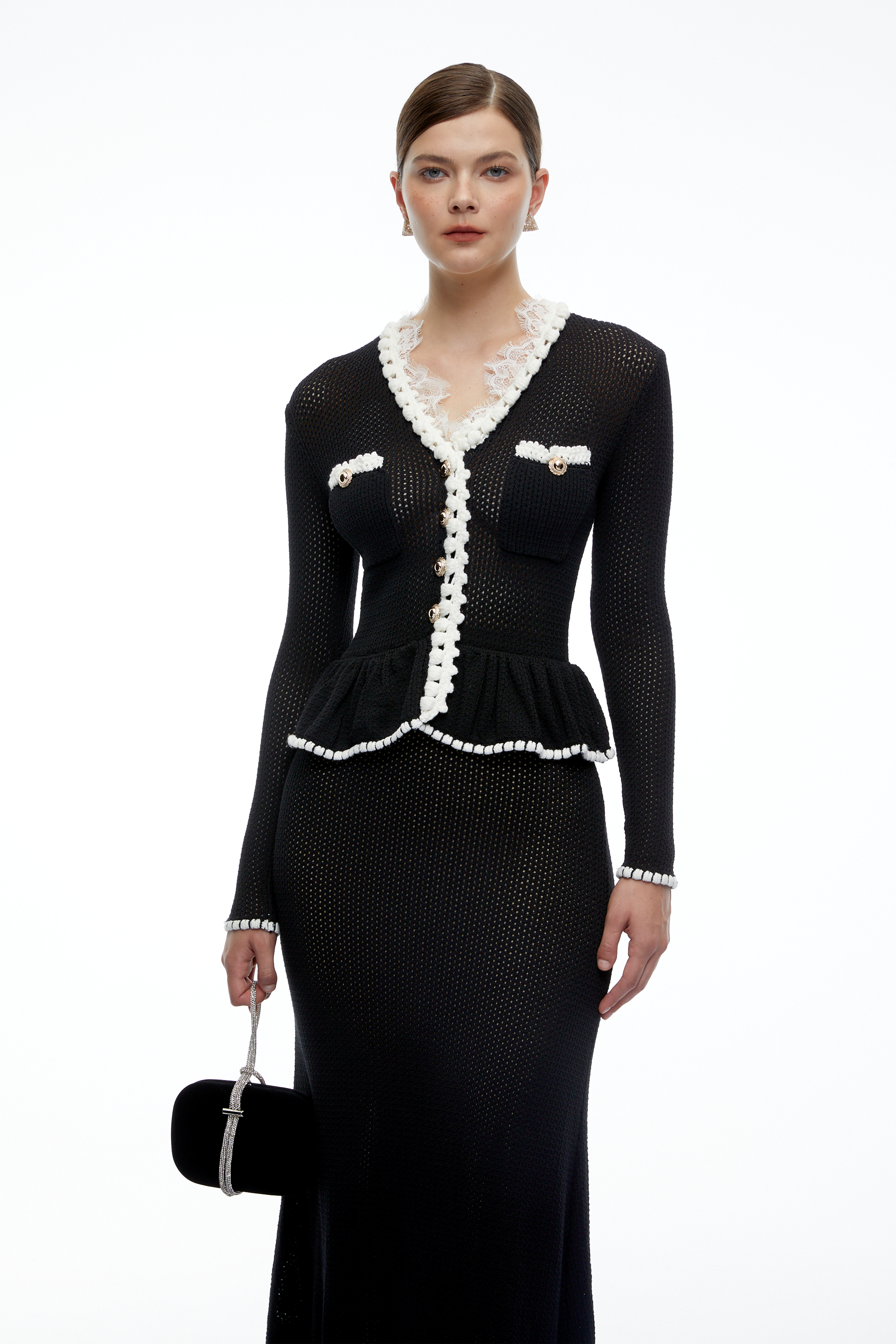 Deborah Black Contrast Trim Peplum Knit Blouse & Skirt Set