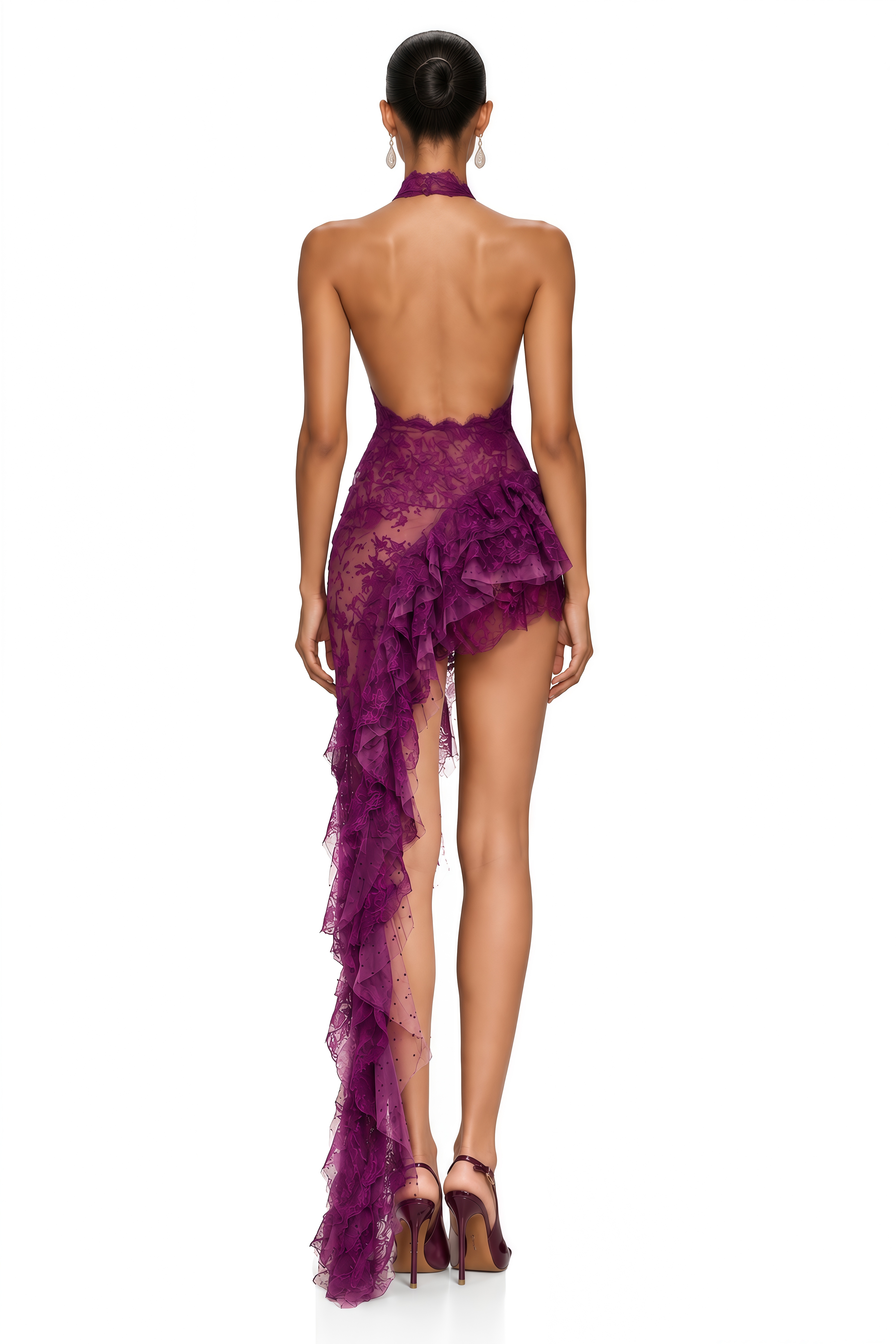 Deetya Purple Halterneck Lace Ruffle High Low Dress