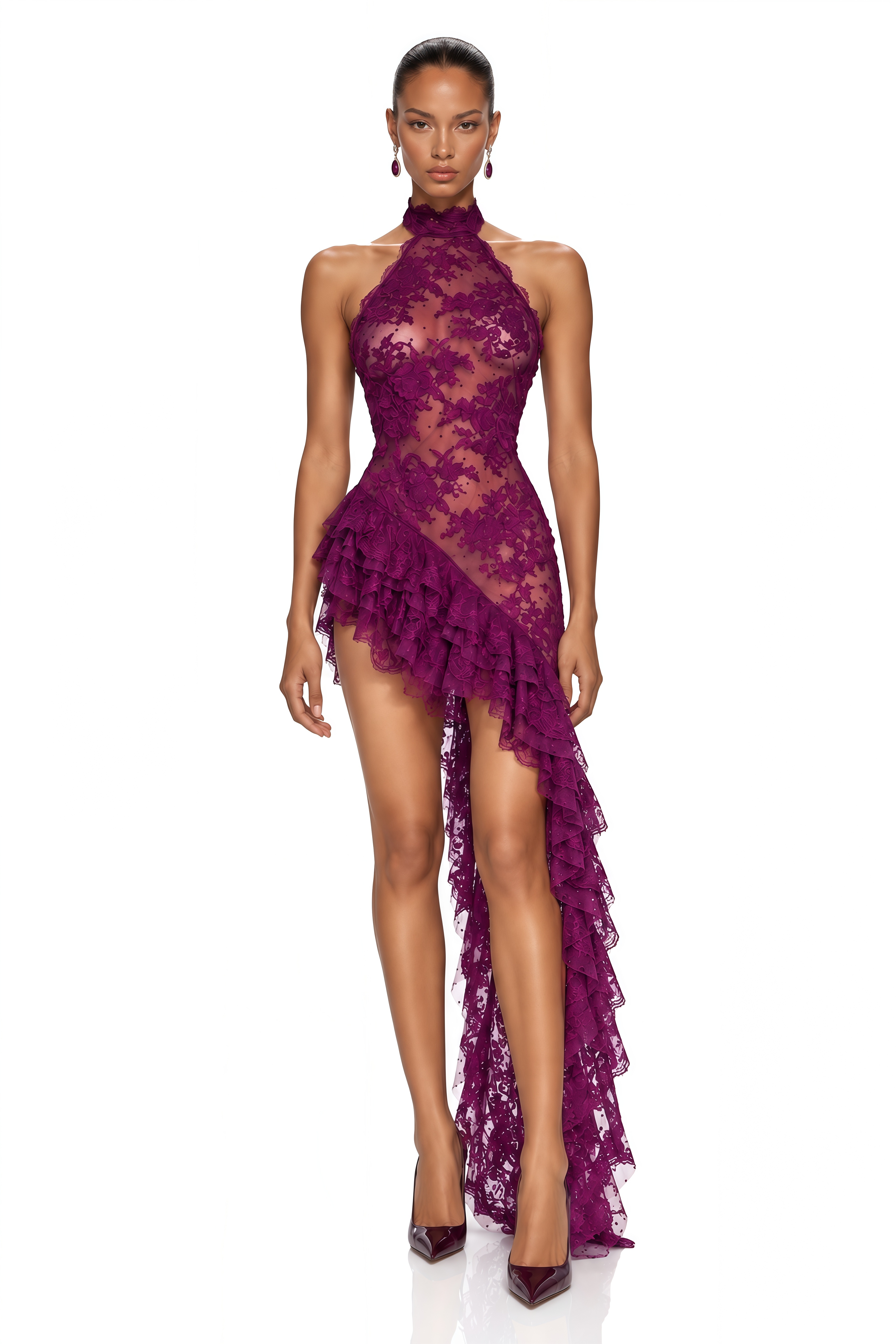 Deetya Purple Halterneck Lace Ruffle High Low Dress