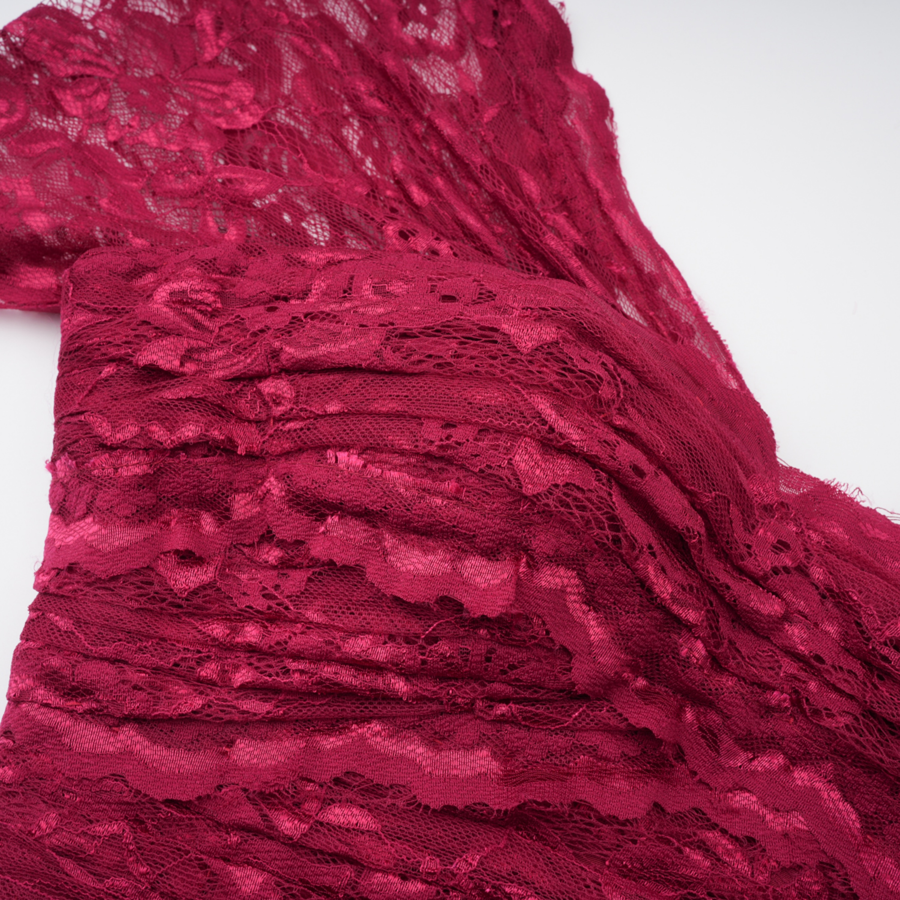 Defne Burgundy One Shoulder Ruched Lace Maxi Dress