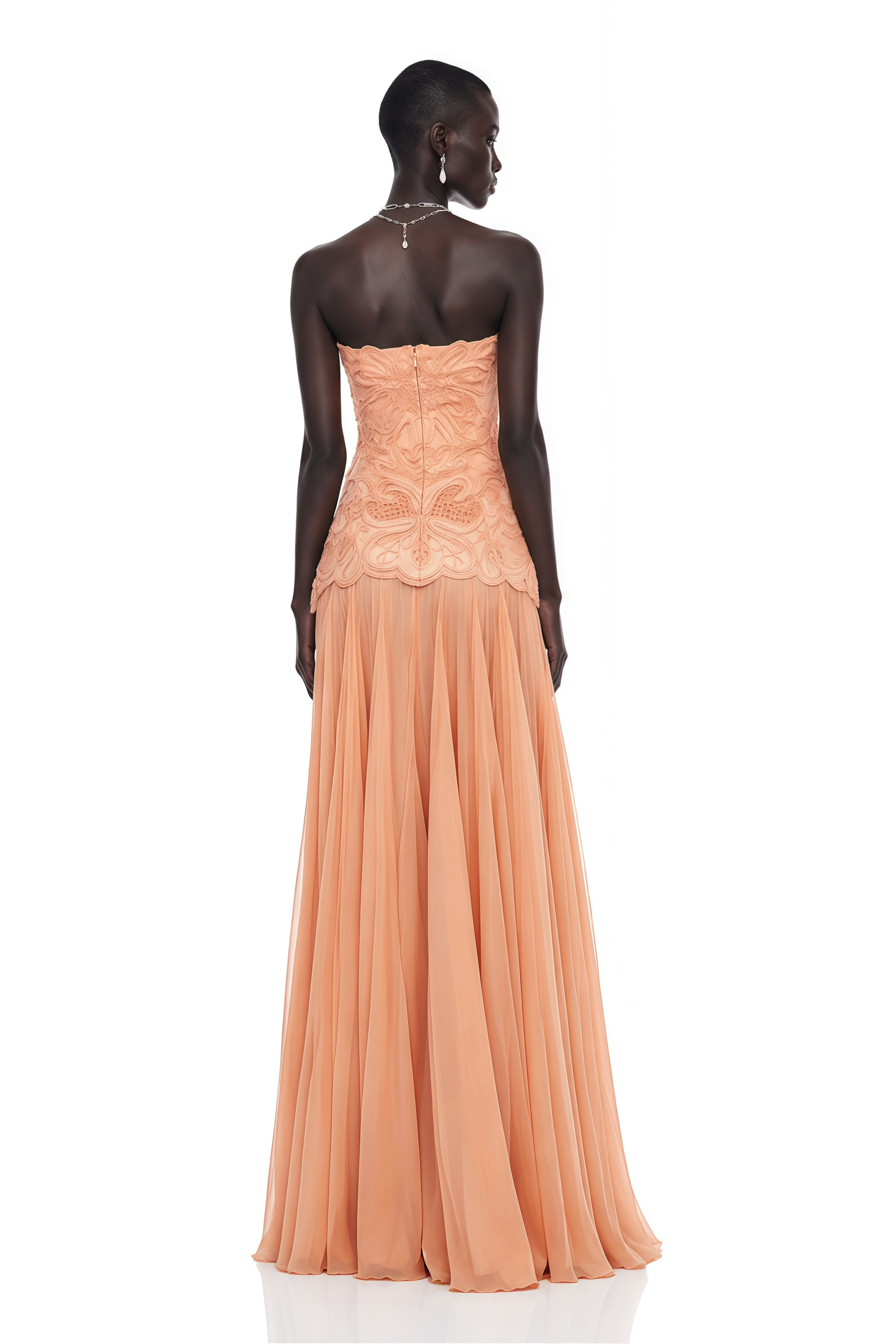Defne Orange Pleated Maxi Dress with Floral Applique