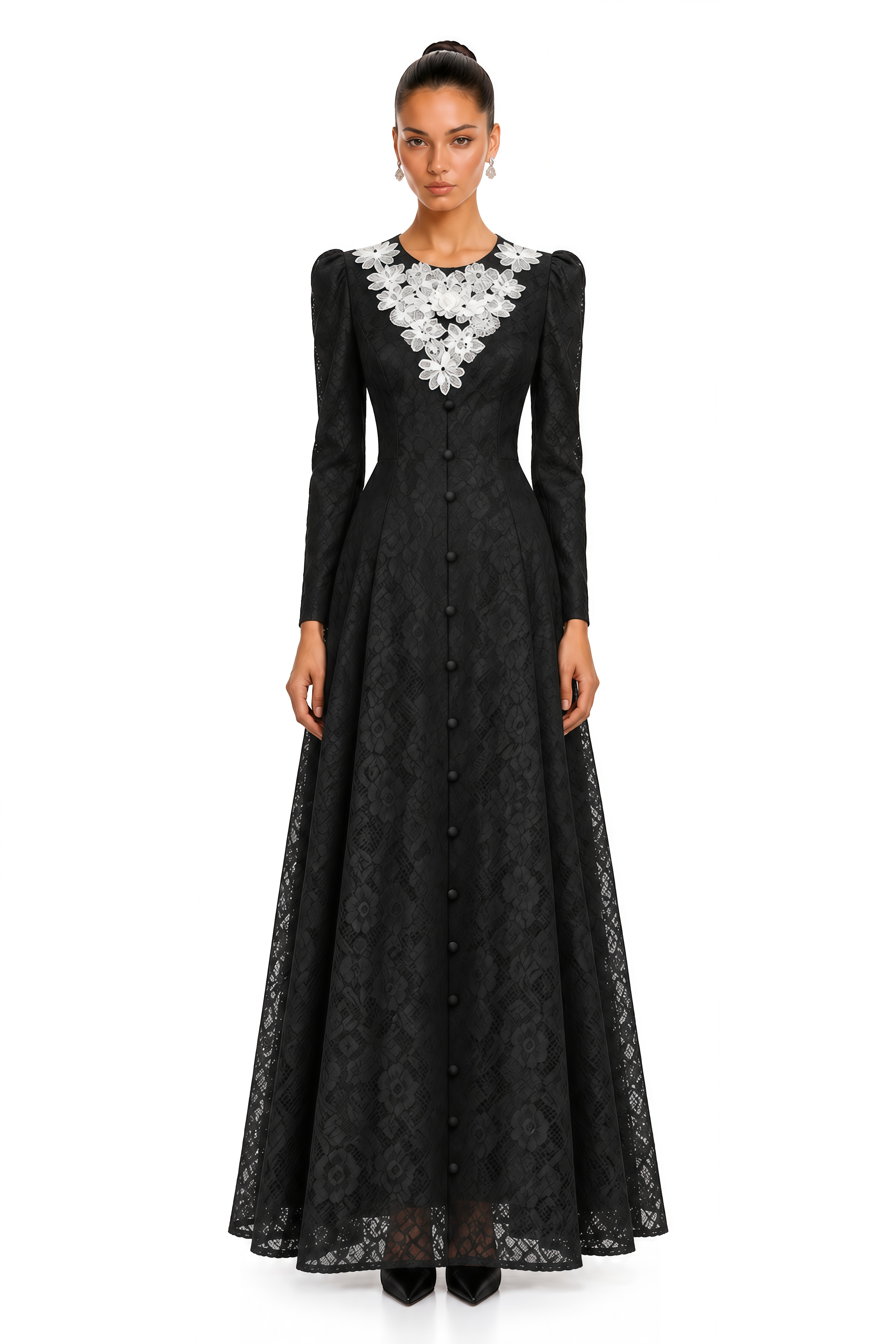 Delilah Black Contrast Floral Applique Lace Maxi Dress