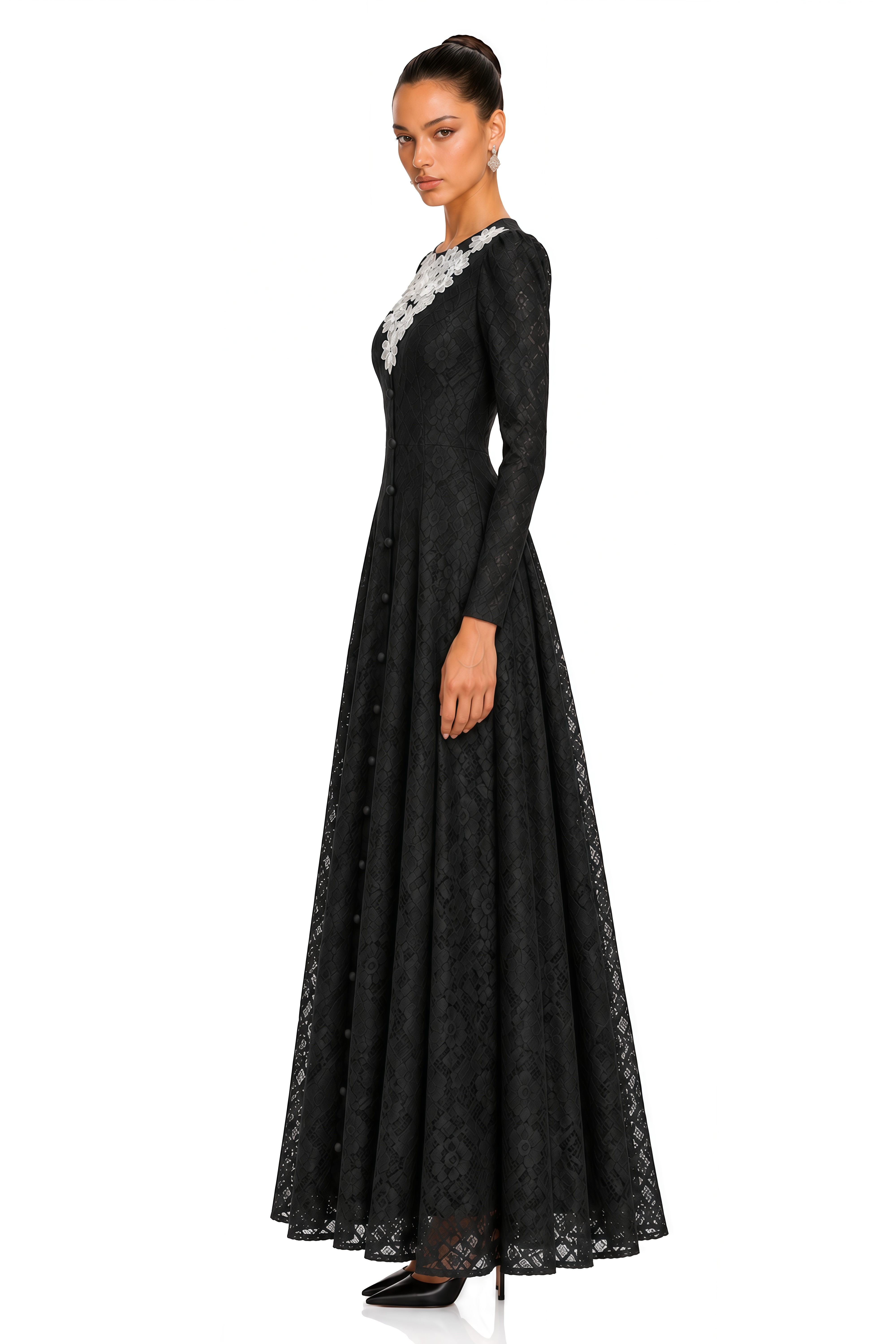 Delilah Black Contrast Floral Applique Lace Maxi Dress