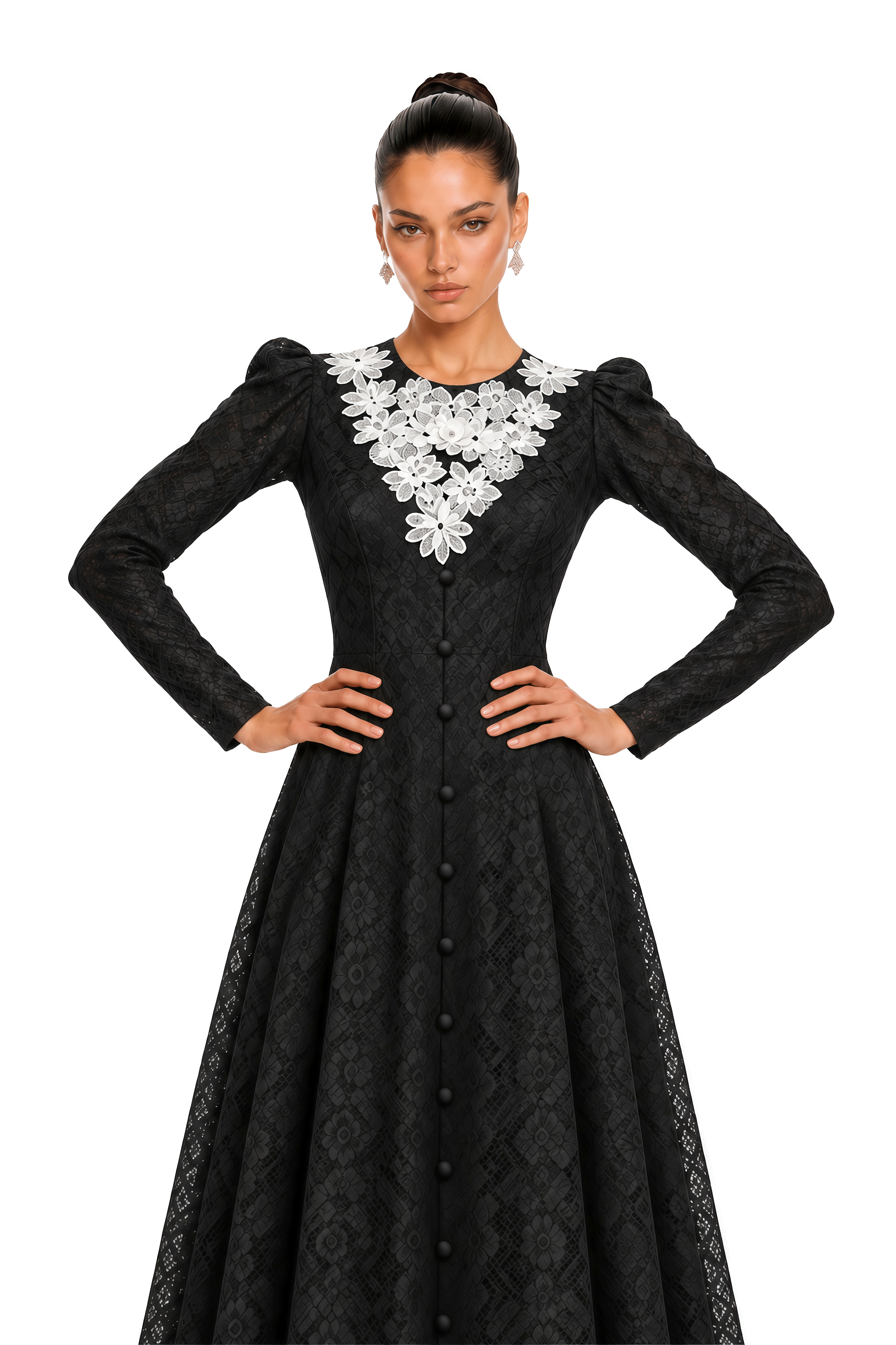 Delilah Black Contrast Floral Applique Lace Maxi Dress