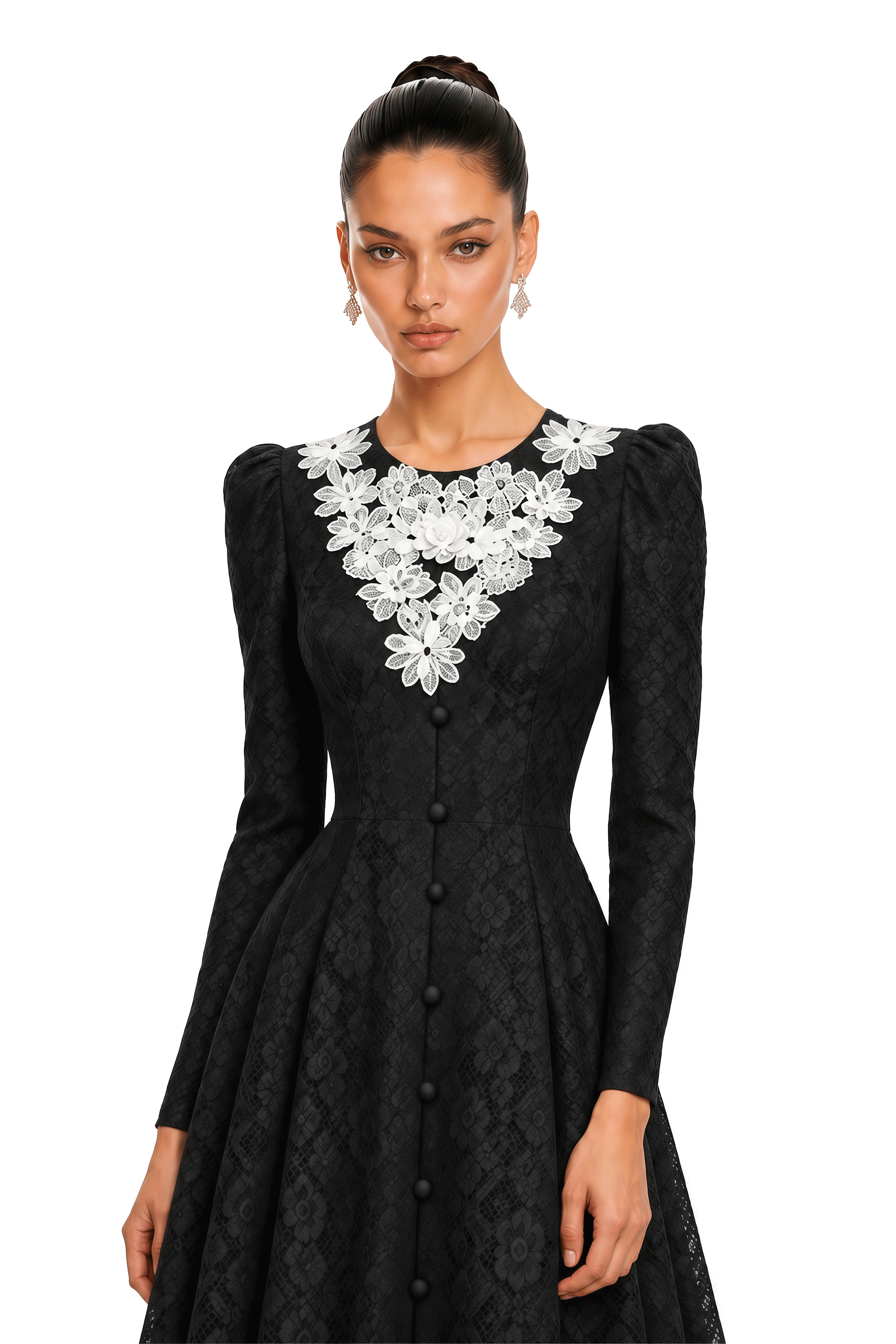 Delilah Black Contrast Floral Applique Lace Maxi Dress