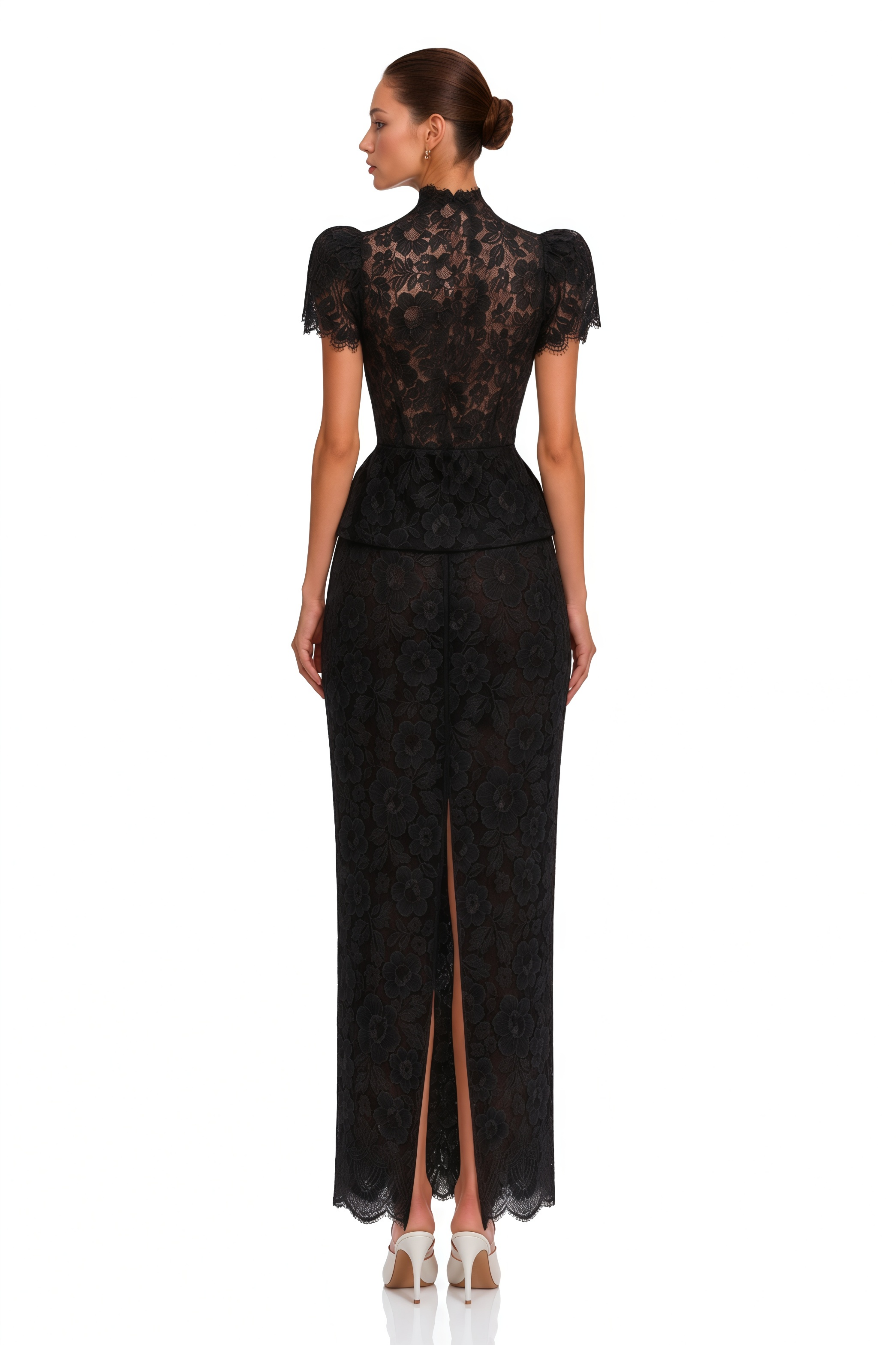 Delilah Black Lace High Neck Peplum Blouse & Skirt Set