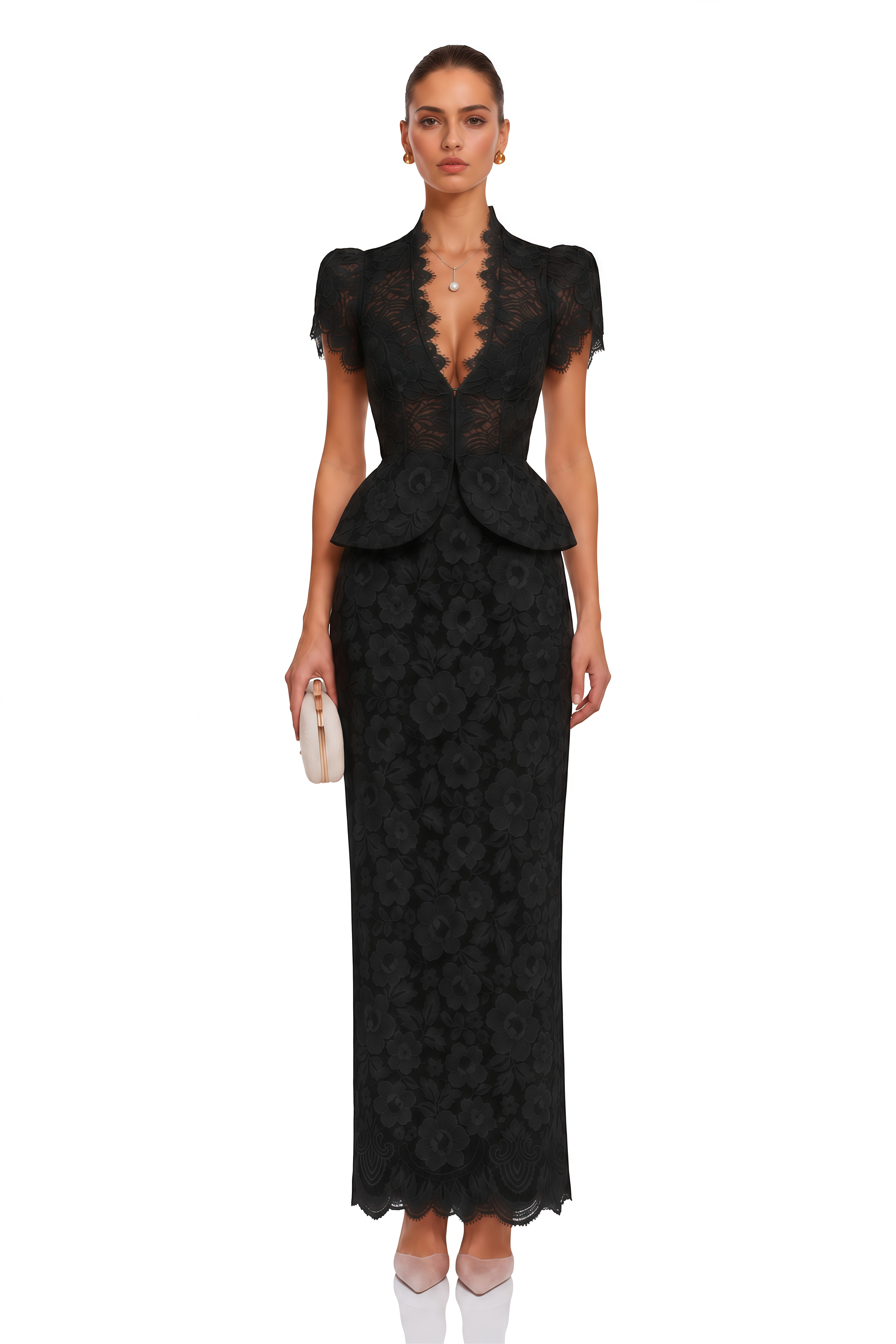 Delilah Black Lace High Neck Peplum Blouse & Skirt Set