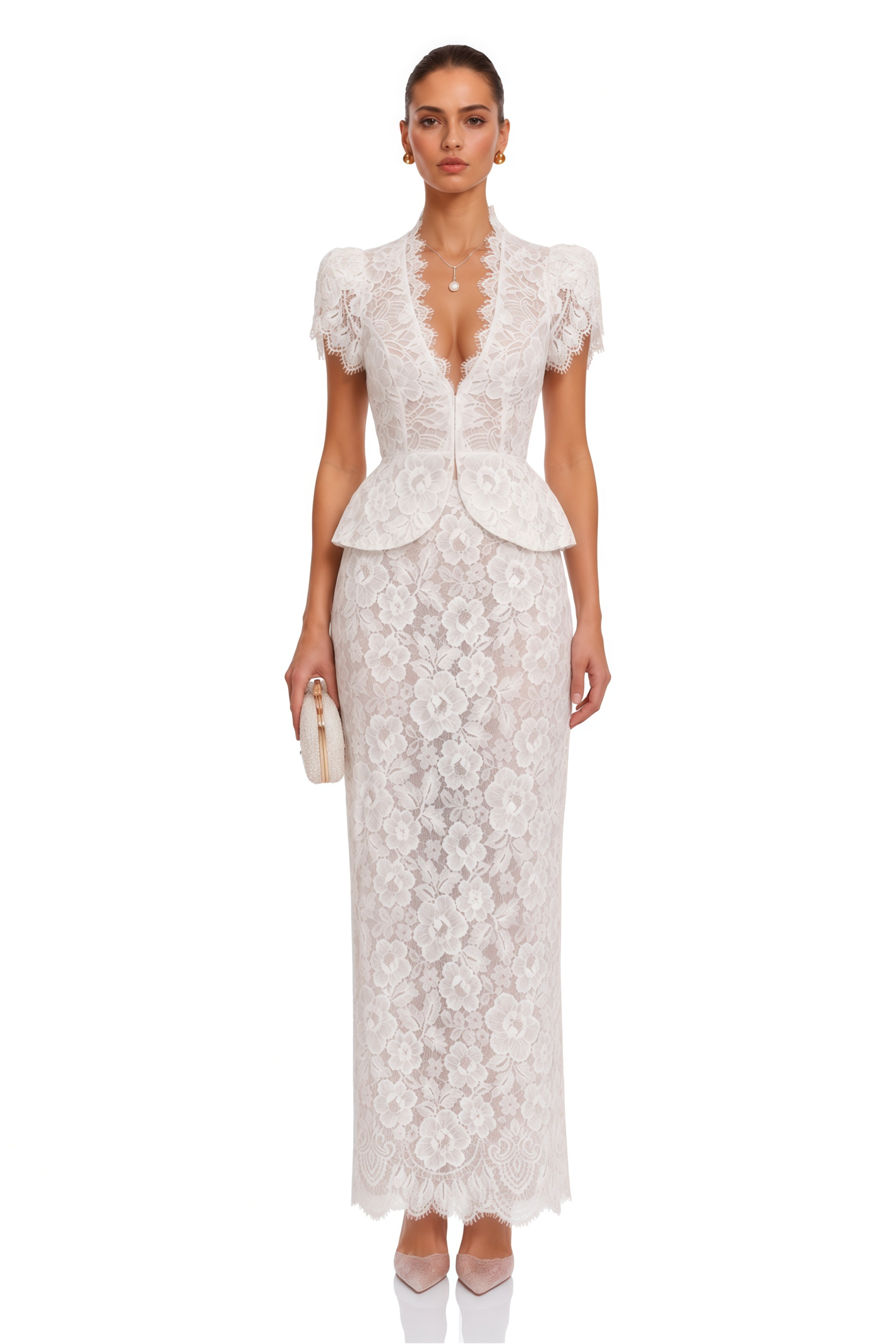 Delilah White Lace High Neck Peplum Blouse & Skirt Set