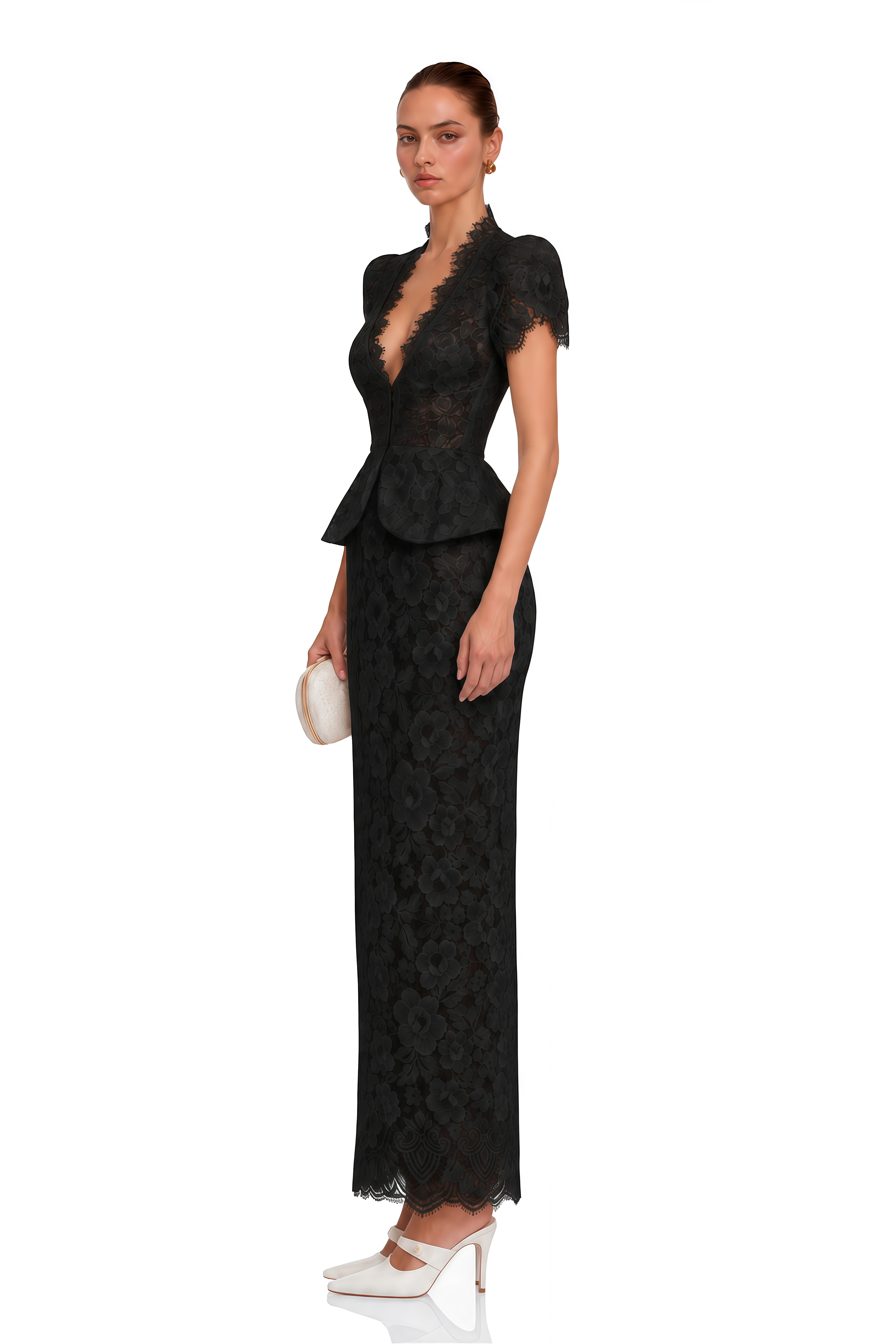 Delilah Black Lace High Neck Peplum Blouse & Skirt Set