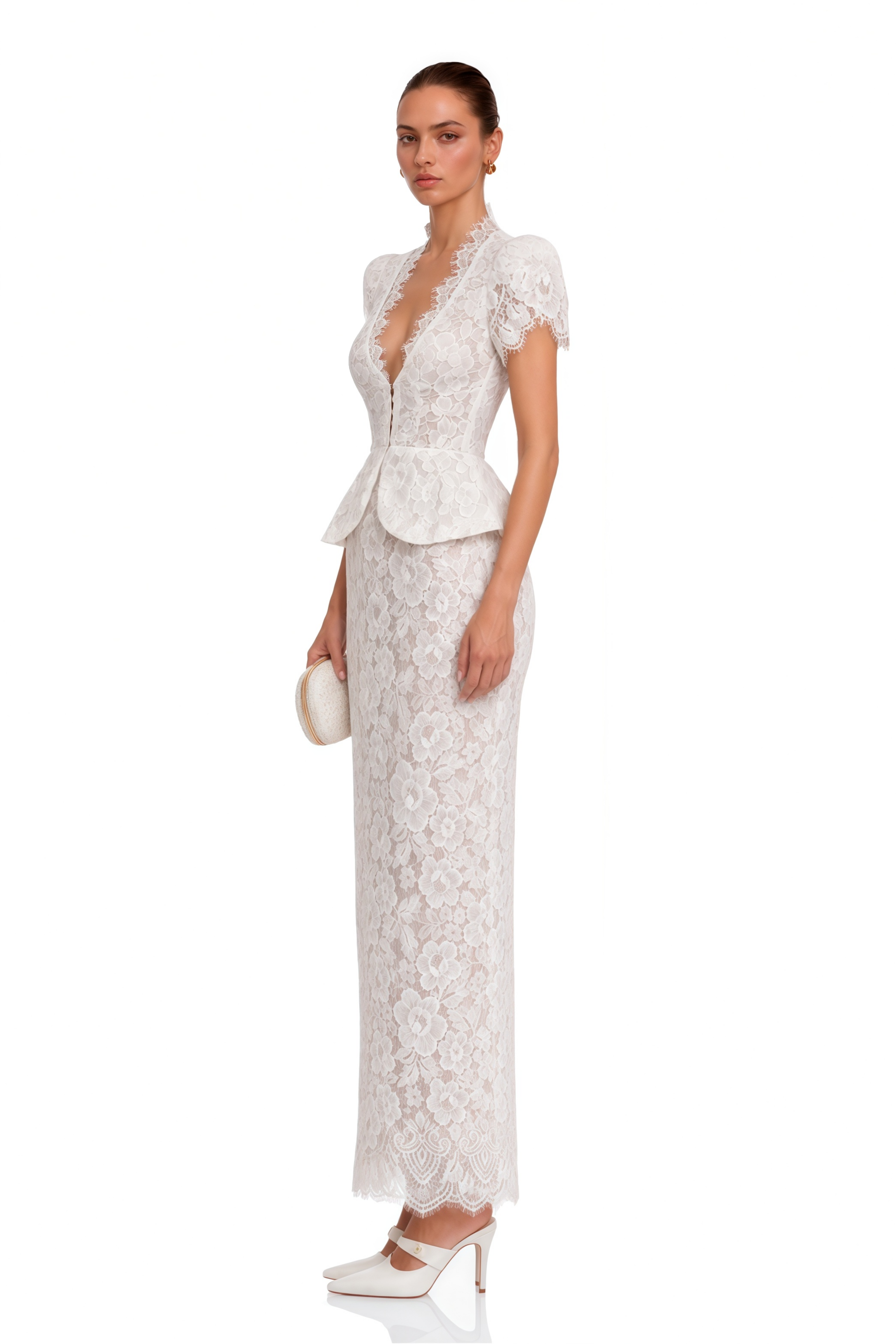 Delilah White Lace High Neck Peplum Blouse & Skirt Set