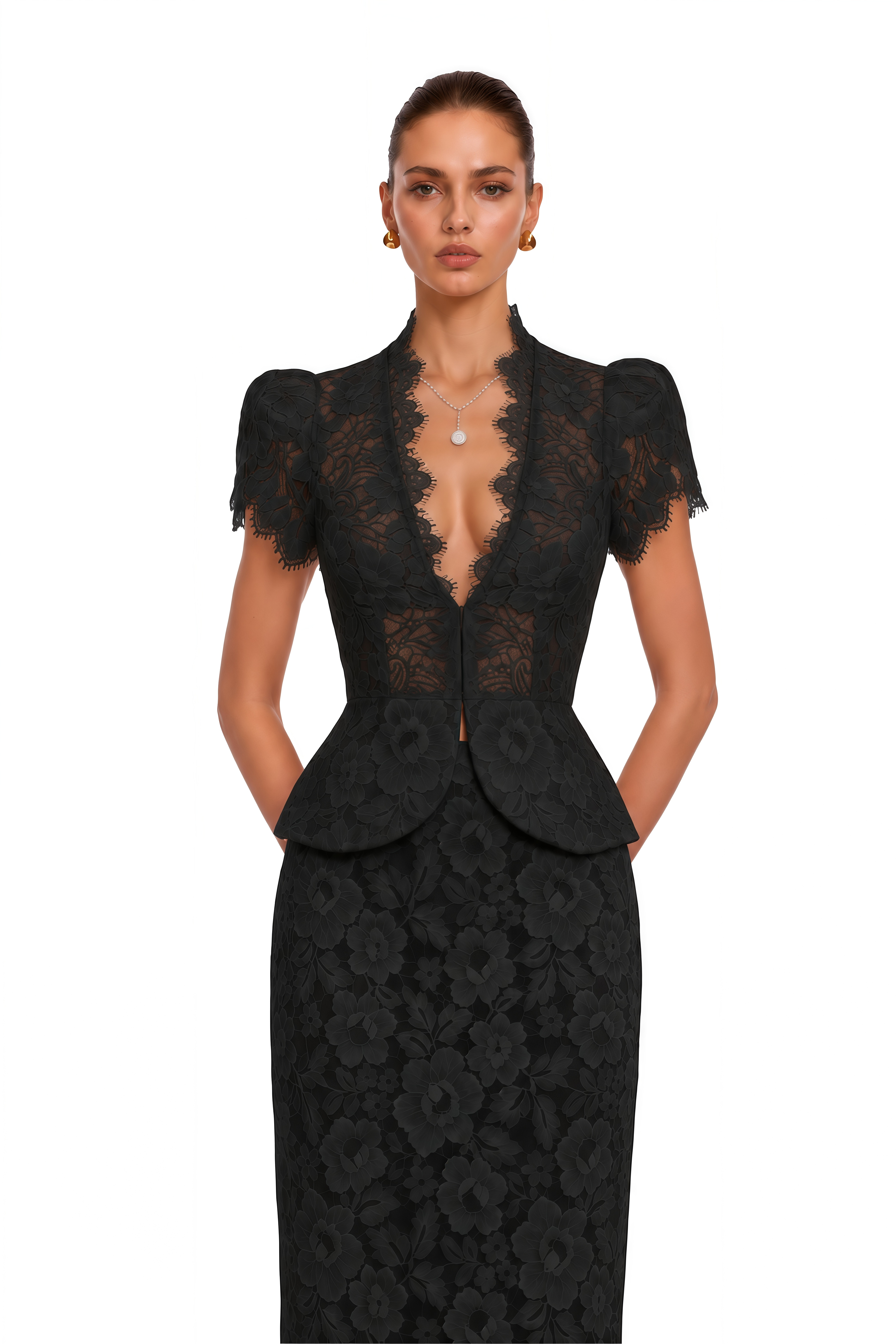 Delilah Black Lace High Neck Peplum Blouse & Skirt Set