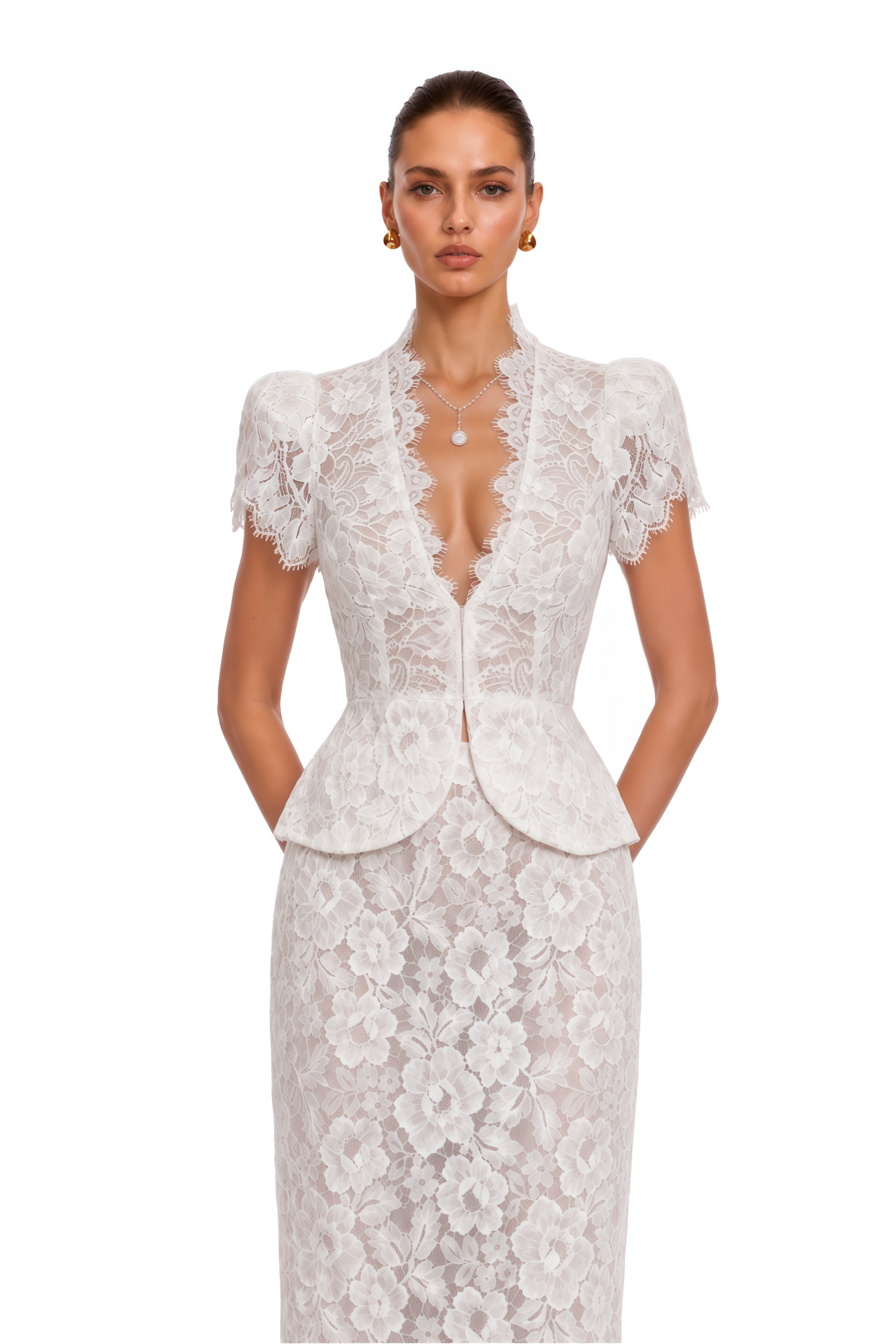 Delilah White Lace High Neck Peplum Blouse & Skirt Set