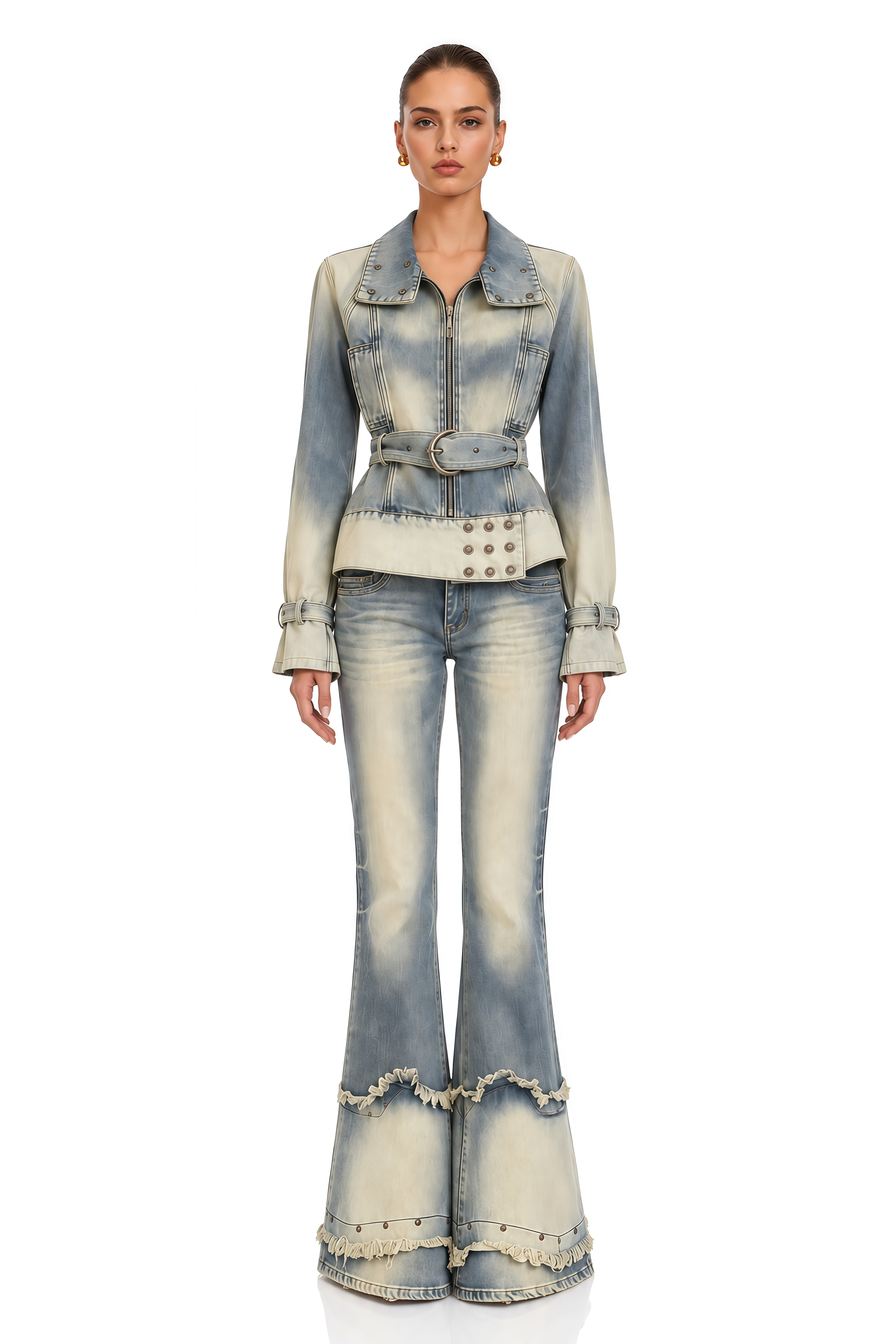 Delphine Washed Blue Belted Denim Jacket & Flared Jeans Set